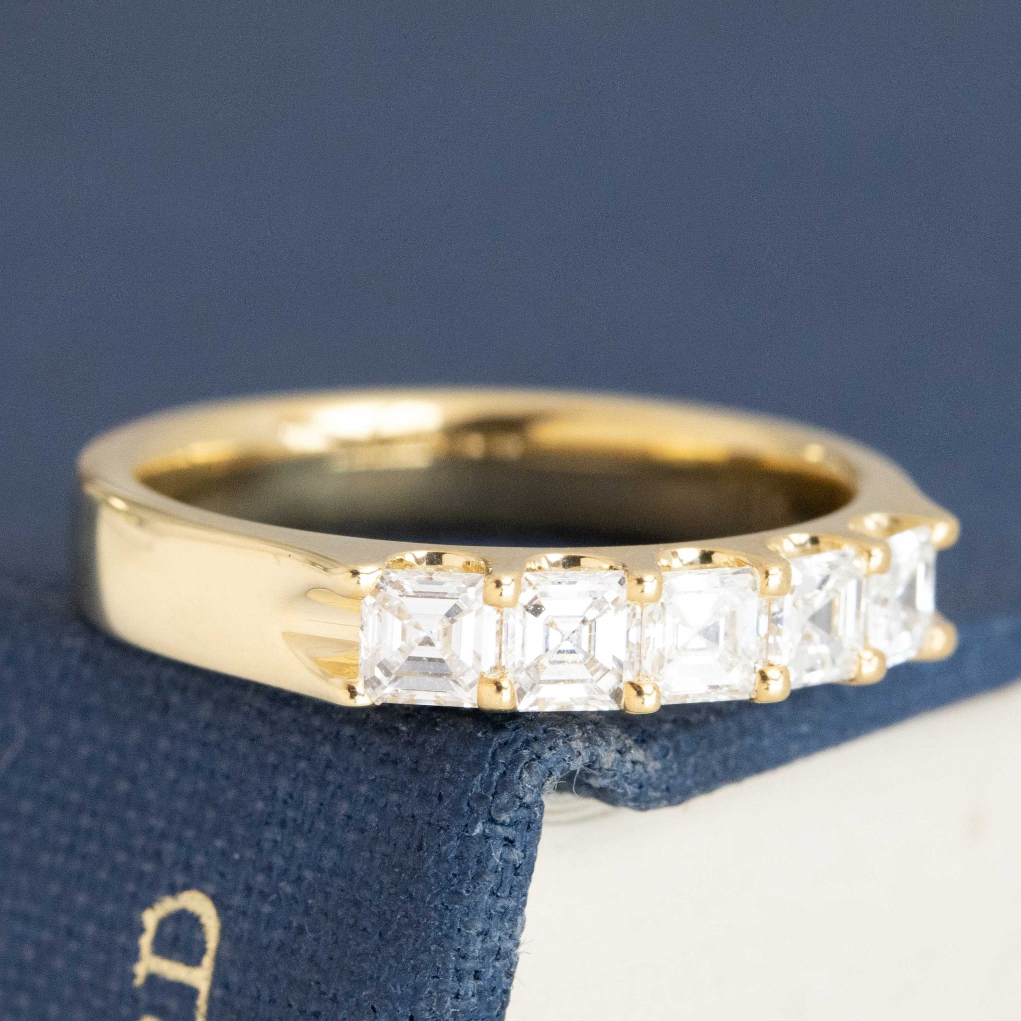 Historic style .64ctw Asscher Cut Diamond 5-Stone Band wedding band with Antique Diamonds, unique heirloom in yellow gold
