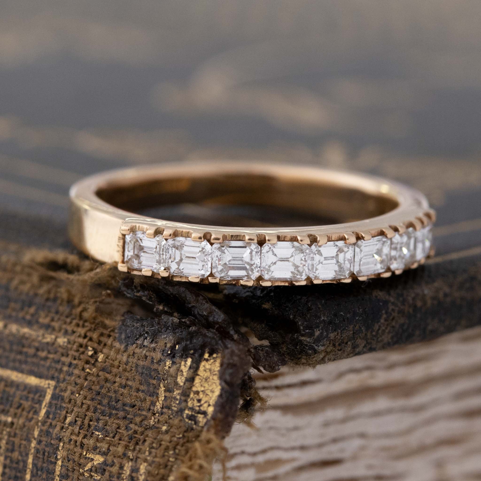 Historic style .64ctw Emerald Cut Diamond 8-Stone Band wedding band with Antique Diamonds, unique heirloom in rose gold