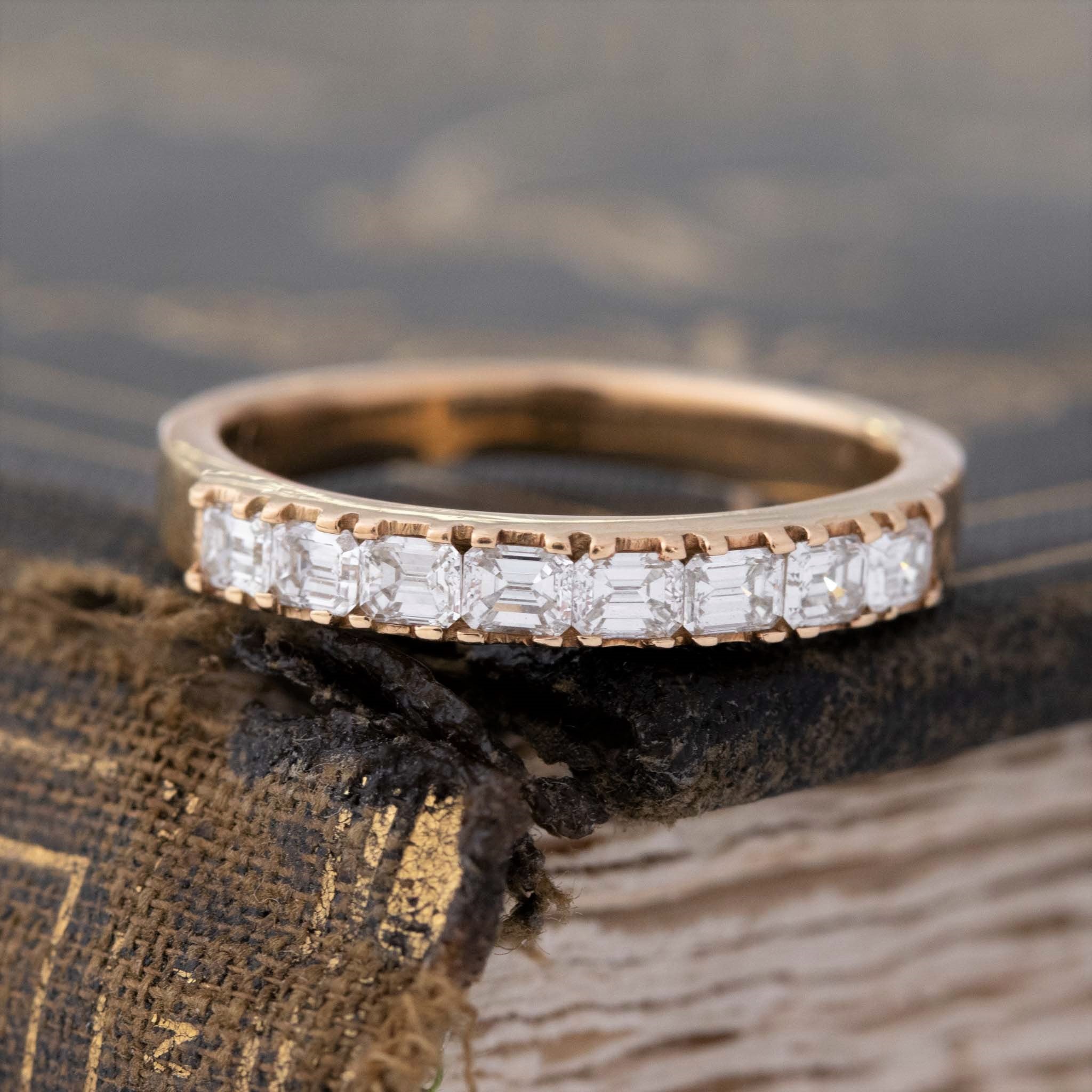.64ctw Emerald Cut Diamond 8-Stone Band with Antique Diamonds in rose gold, antique-inspired one-of-a-kind wedding band