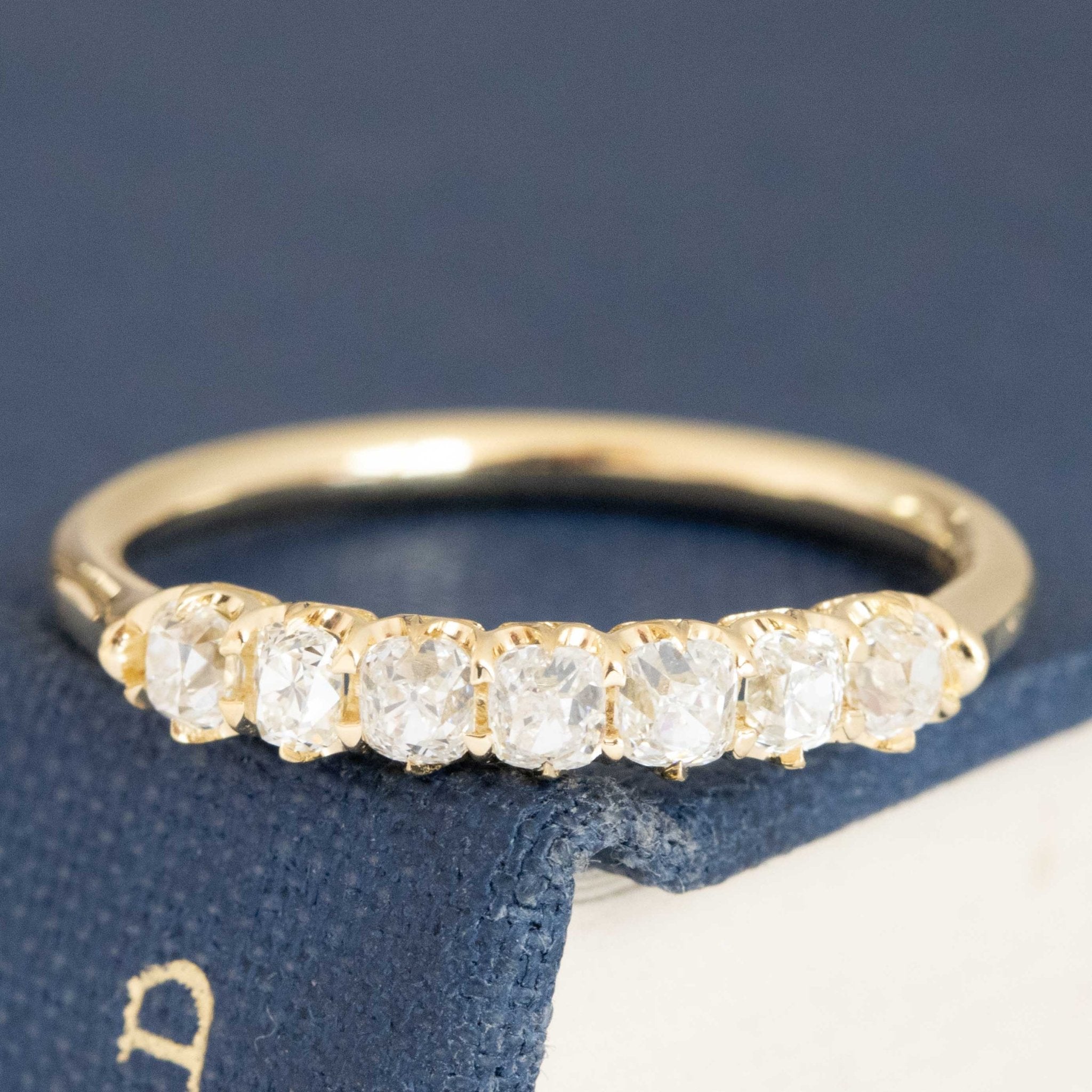 .64ctw Petite Old Mine Cut Diamond Half-Hoop Band with Old Mine Cut Diamonds in yellow gold, antique-inspired one-of-a-kind wedding band