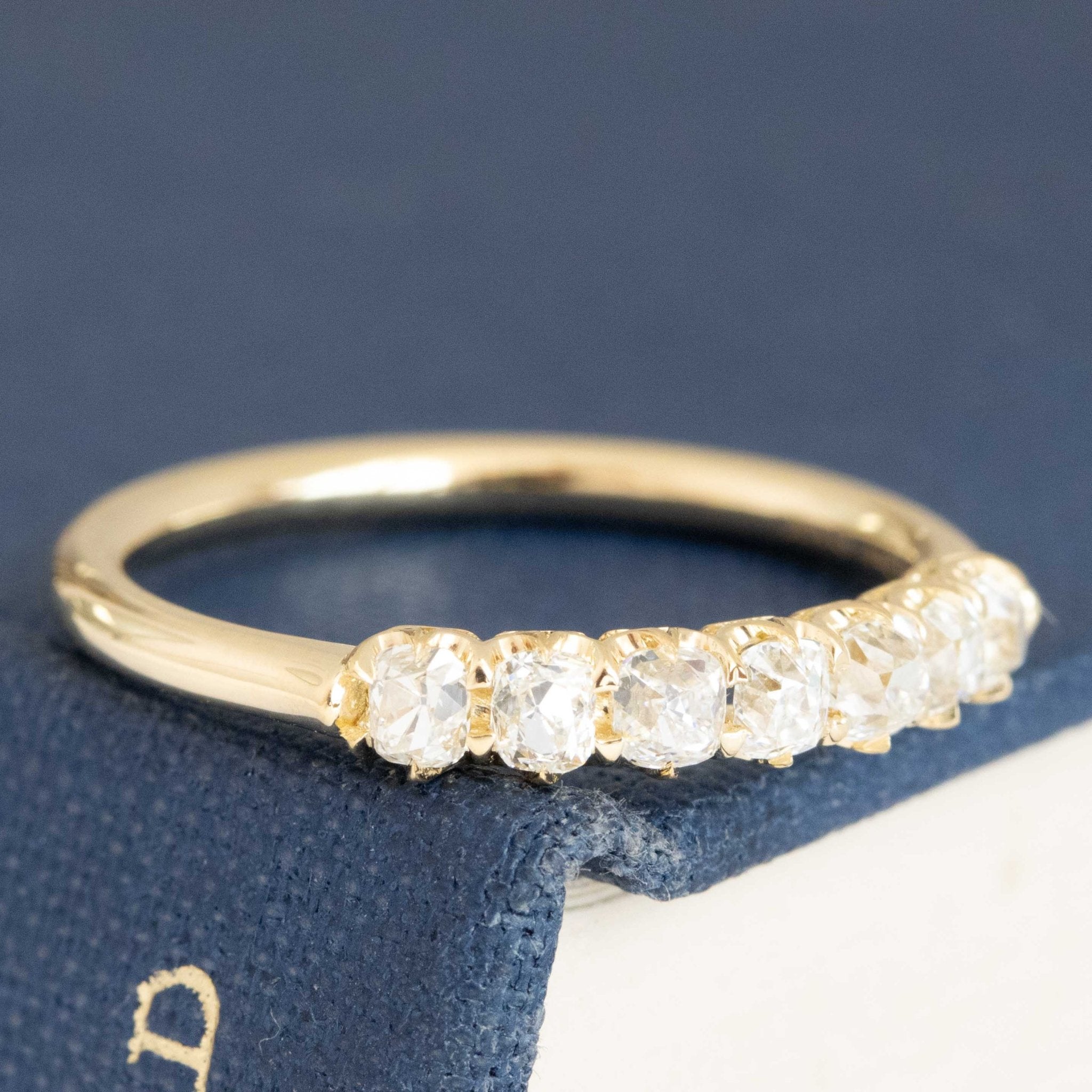Historic style .64ctw Petite Old Mine Cut Diamond Half-Hoop Band wedding band with Old Mine Cut Diamonds, unique heirloom in yellow gold