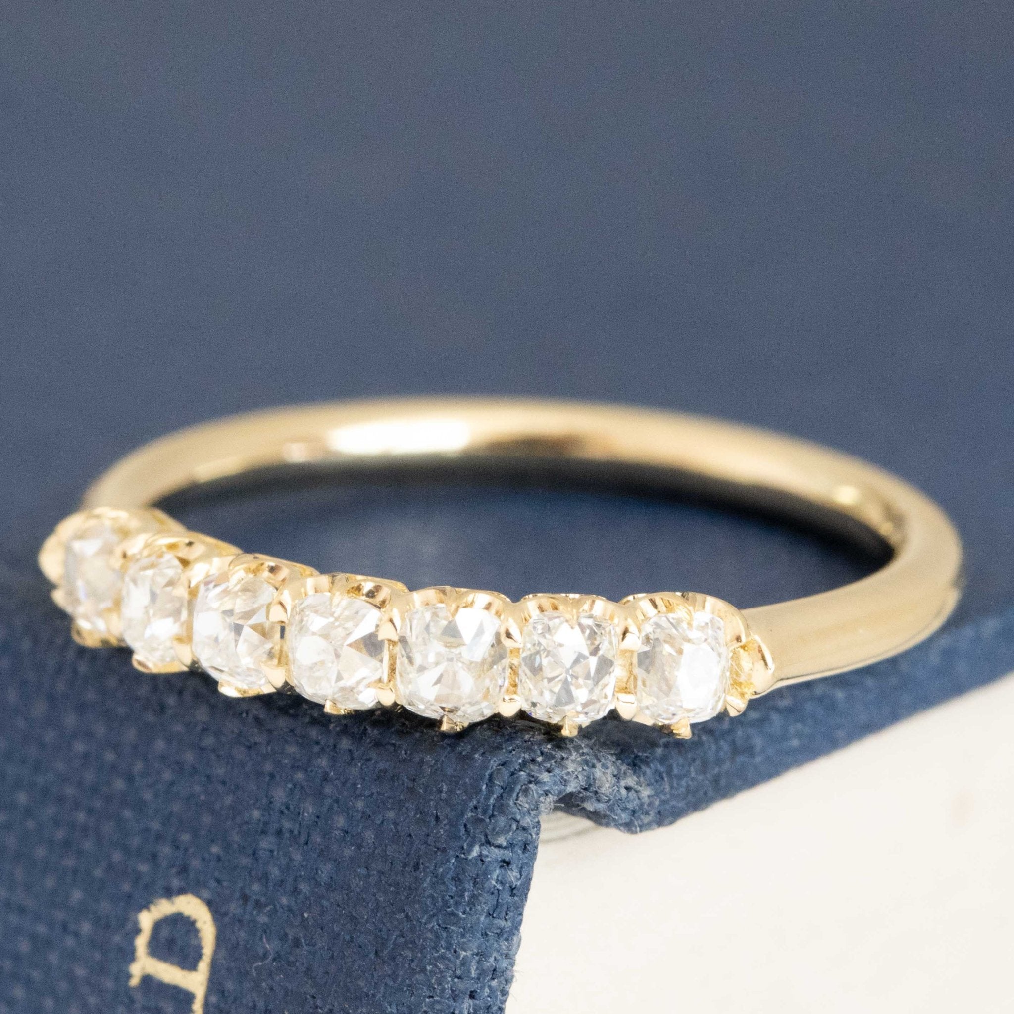 Antique lovers’ .64ctw Petite Old Mine Cut Diamond Half-Hoop Band in yellow gold, featuring rare Earth-mined Old Mine Cut Diamonds