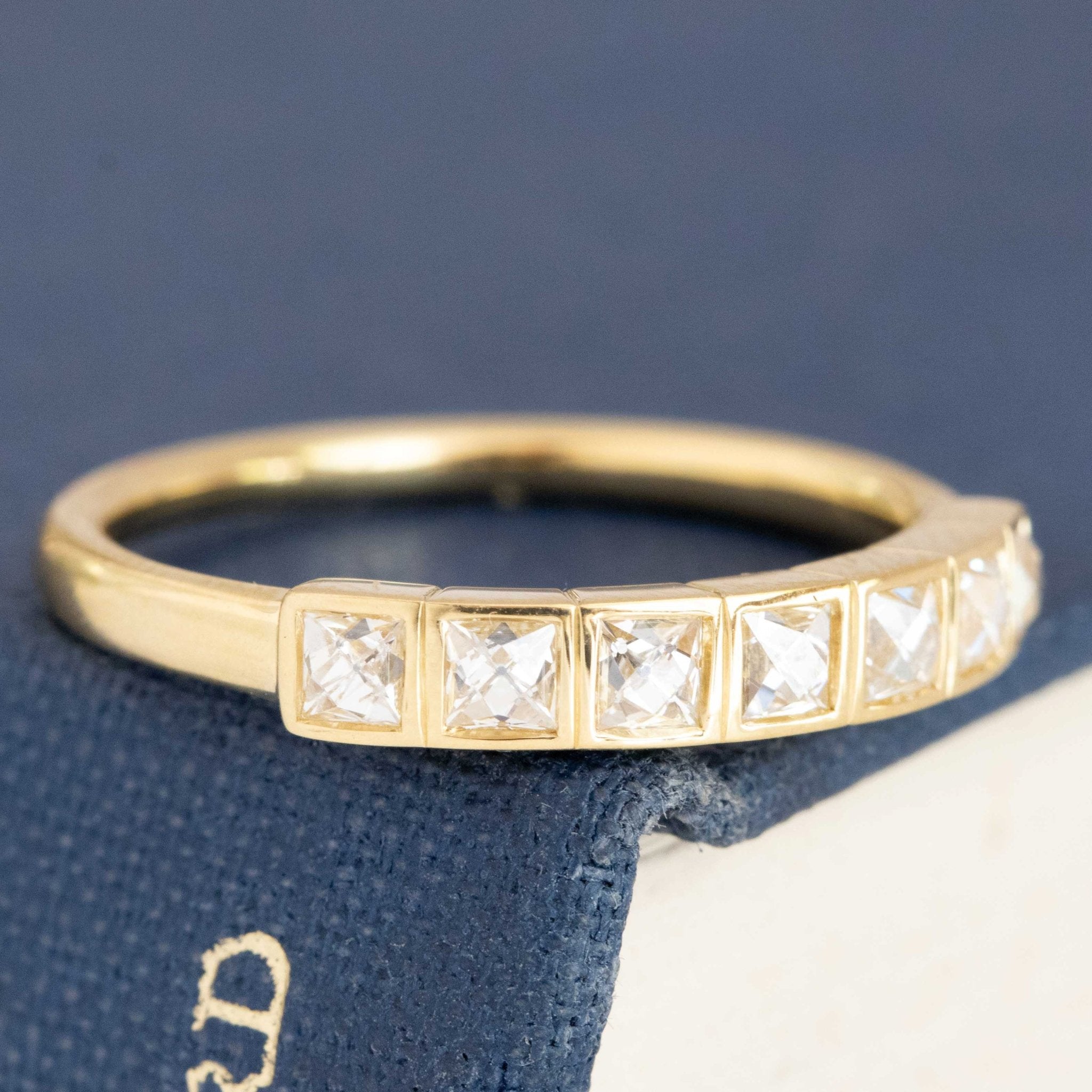 Historic style .65ctw French Cut Diamond Half-Hoop Bezel Band wedding band with French Cut Diamonds, unique heirloom in yellow gold