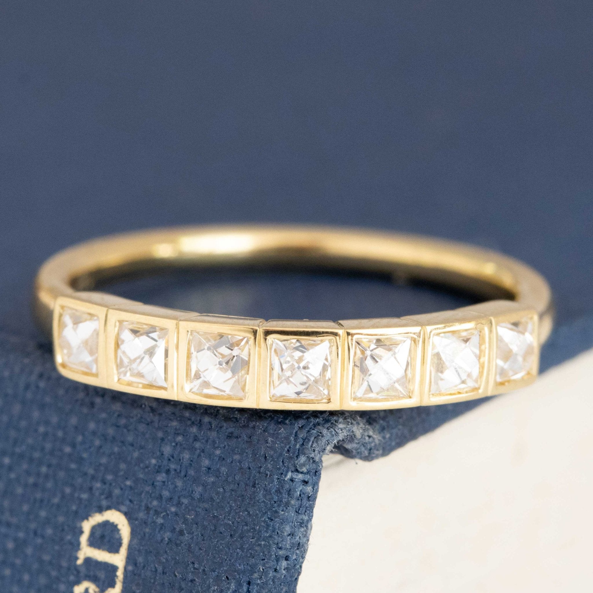 .65ctw French Cut Diamond Half-Hoop Bezel Band with French Cut Diamonds in yellow gold, antique-inspired one-of-a-kind wedding band