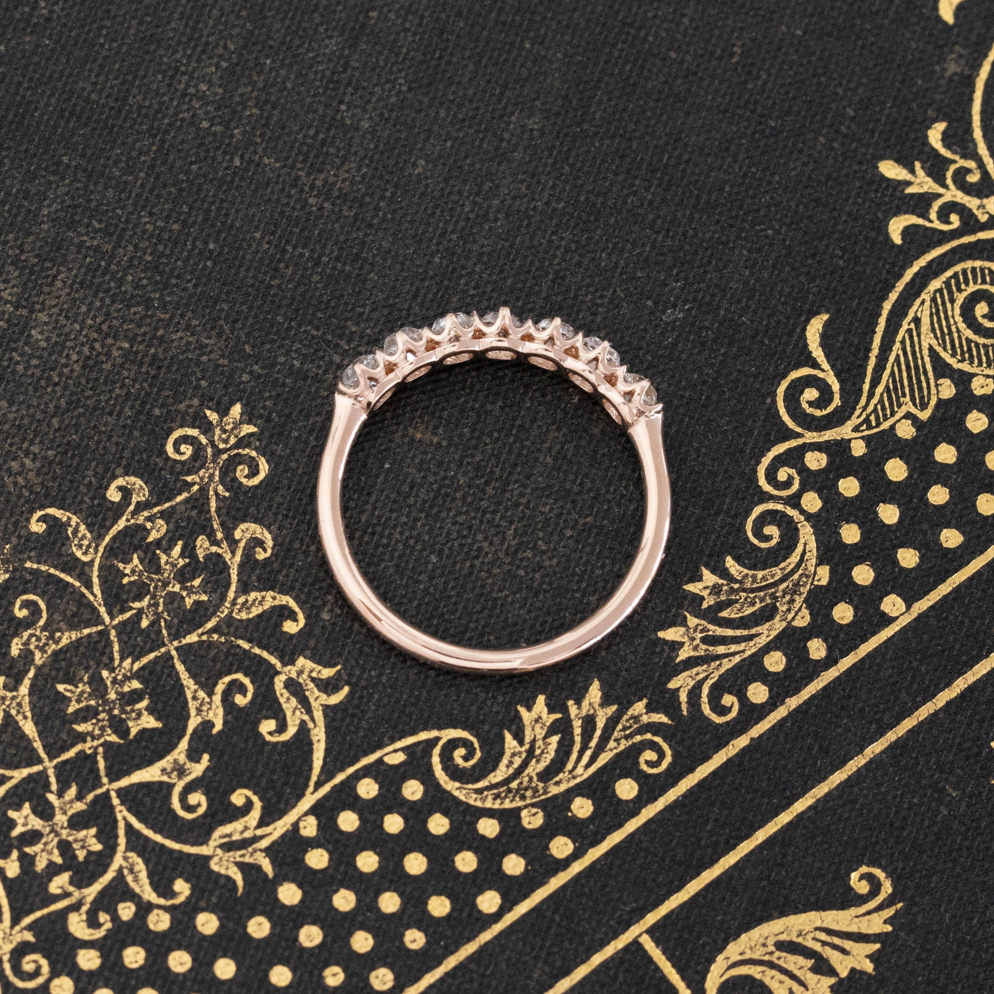 Side view of .65ctw Petite Old Mine Cut Diamond 7-Stone Band, vintage-inspired band with Old Mine Cut Diamonds, crafted in rose gold
