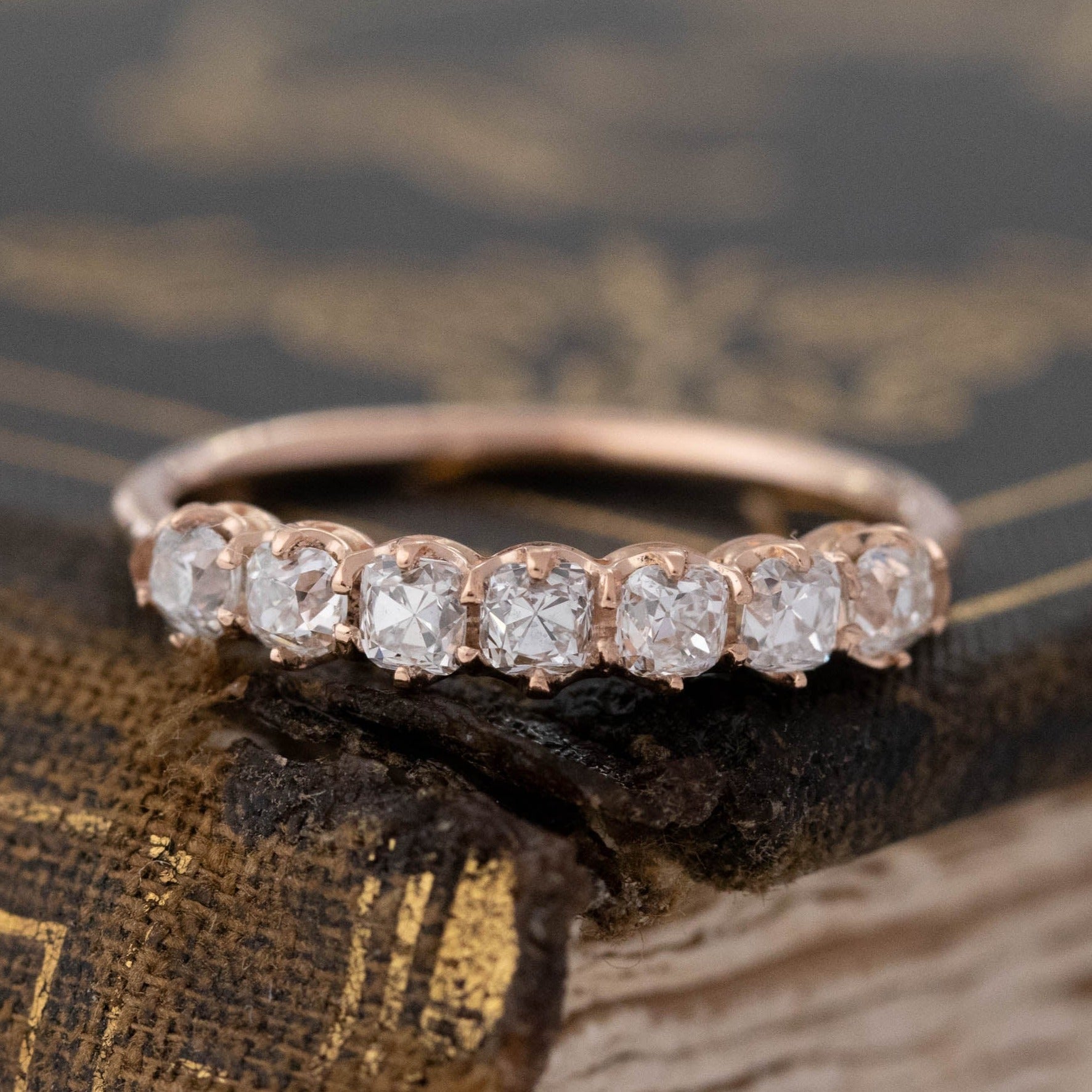 .65ctw Petite Old Mine Cut Diamond 7-Stone Band with Old Mine Cut Diamonds in rose gold, antique-inspired one-of-a-kind wedding band
