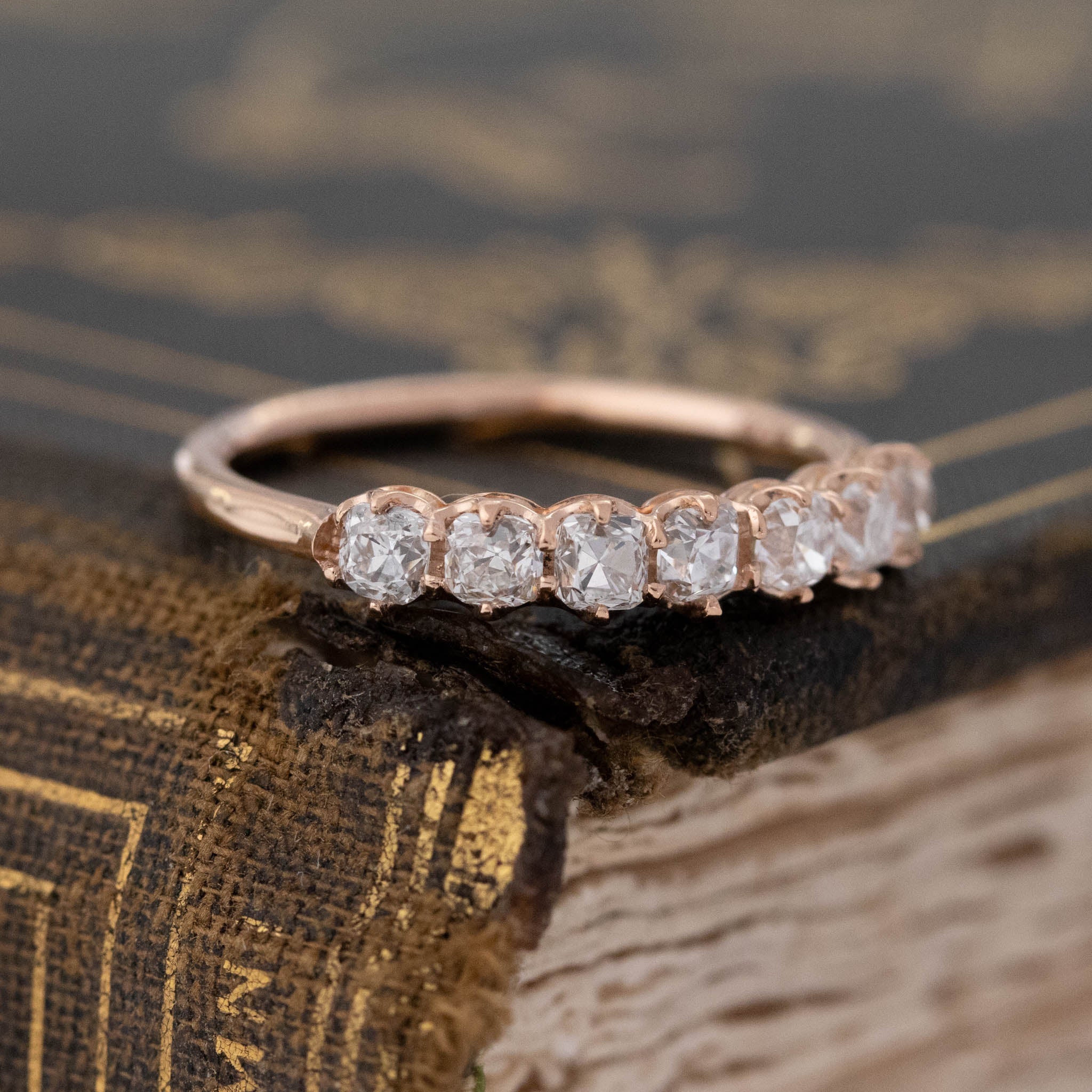 Historic style .65ctw Petite Old Mine Cut Diamond 7-Stone Band wedding band with Old Mine Cut Diamonds, unique heirloom in rose gold