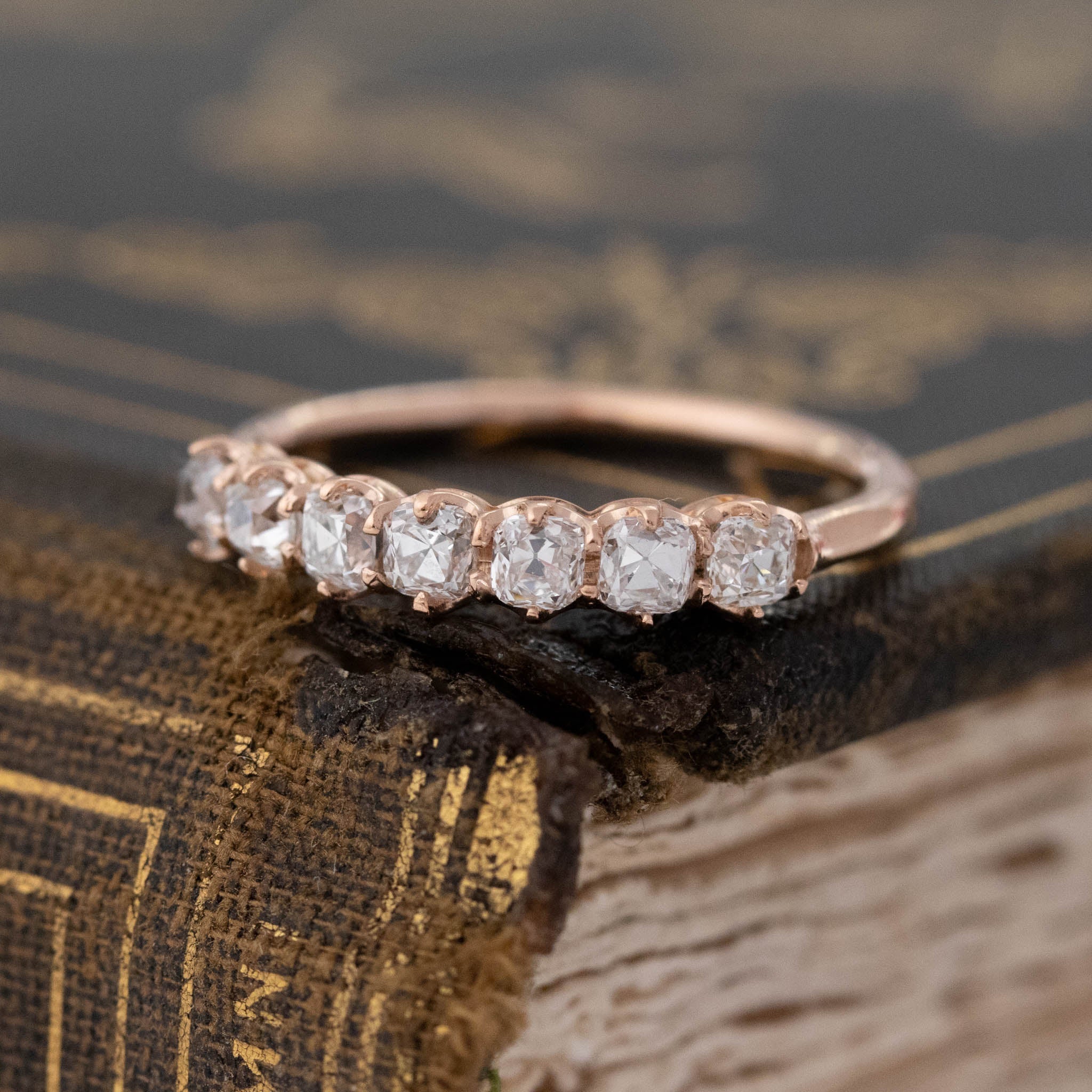 Antique lovers’ .65ctw Petite Old Mine Cut Diamond 7-Stone Band in rose gold, featuring rare Earth-mined Old Mine Cut Diamonds