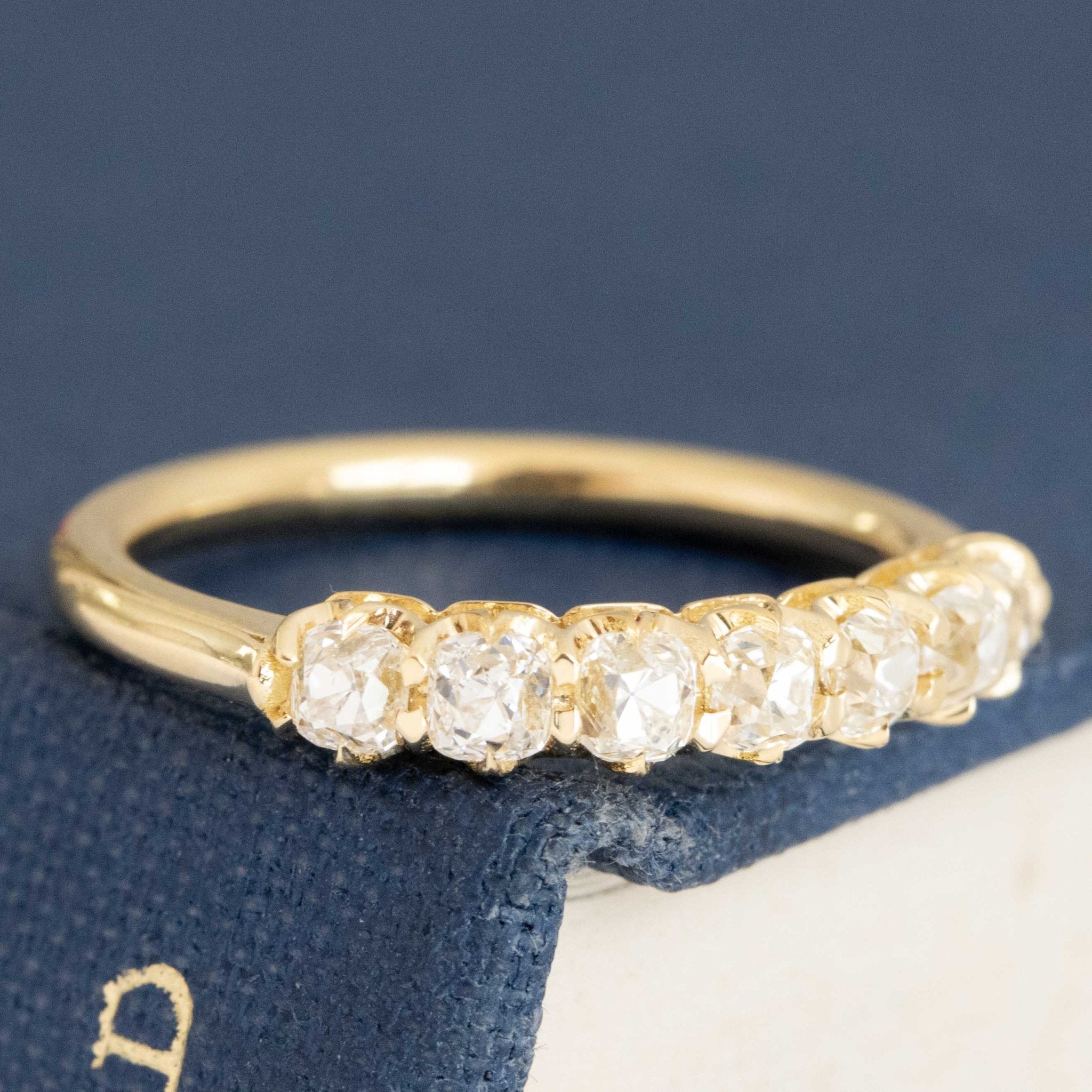 Historic style .66ctw Petite Old Mine Cut Diamond Half-Hoop Band wedding band with Old Mine Cut Diamonds, unique heirloom in yellow gold