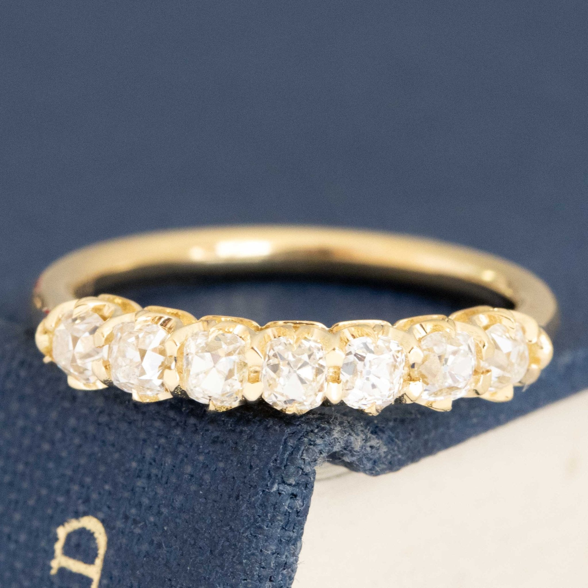 .66ctw Petite Old Mine Cut Diamond Half-Hoop Band with Old Mine Cut Diamonds in yellow gold, antique-inspired one-of-a-kind wedding band