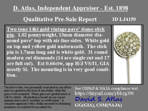 0.66ctw vintage pave diamond dome cluster stick pin in 14kt white and yellow gold – alternate view 3