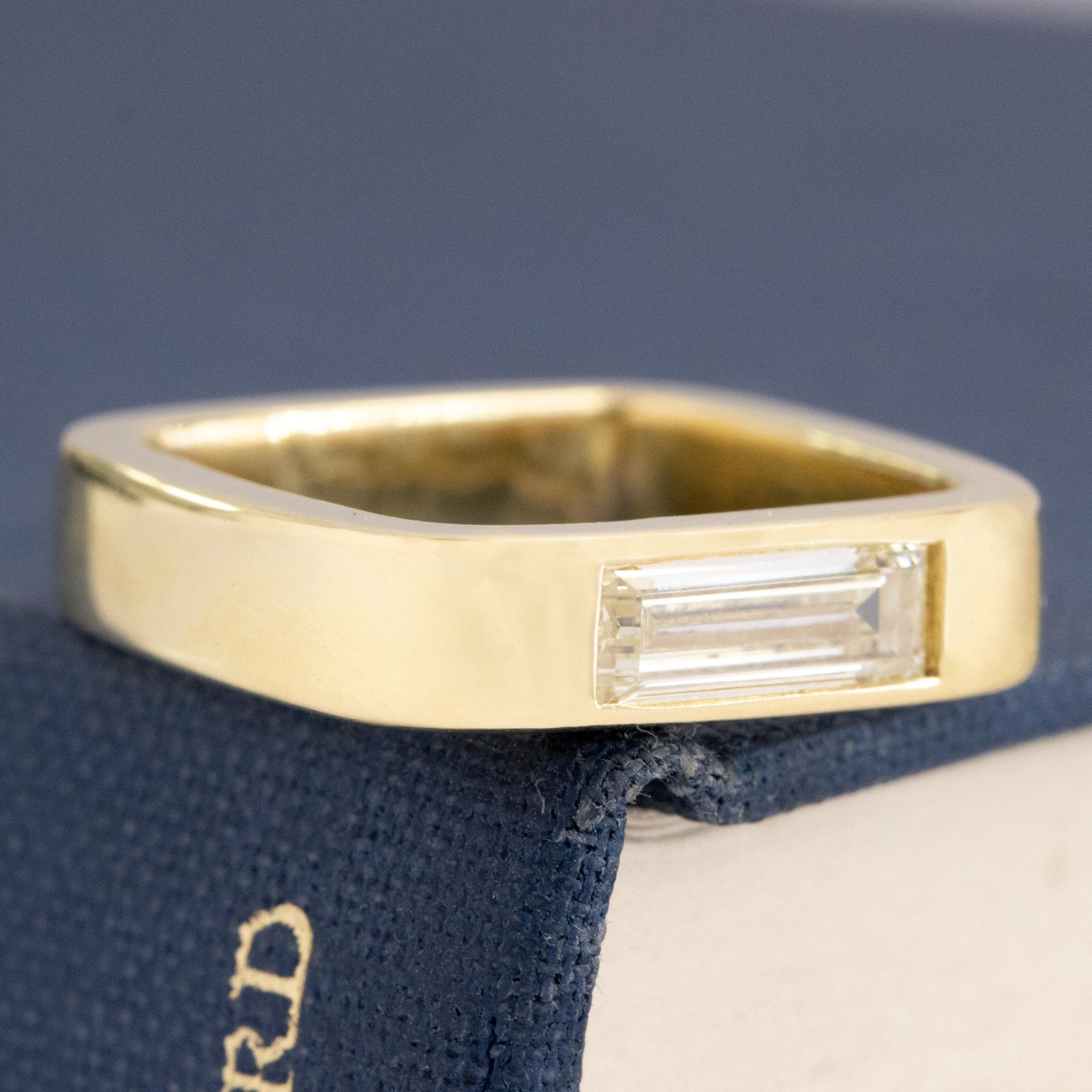 Historic style .67ct Baguette Cut Diamond Square Shank Band wedding band with Baguette Cut Diamonds, unique heirloom in yellow gold
