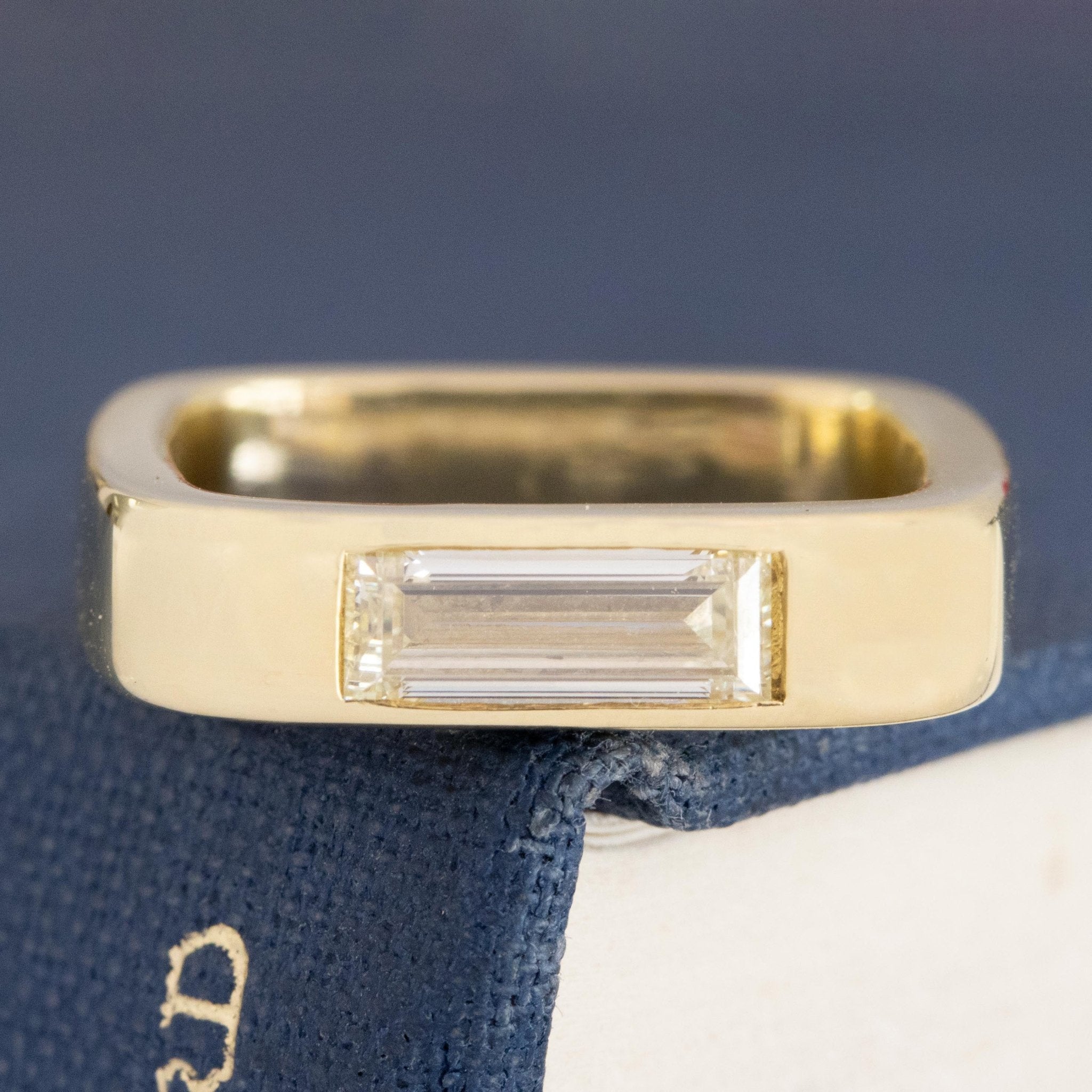 .67ct Baguette Cut Diamond Square Shank Band with Baguette Cut Diamonds in yellow gold, antique-inspired one-of-a-kind wedding band