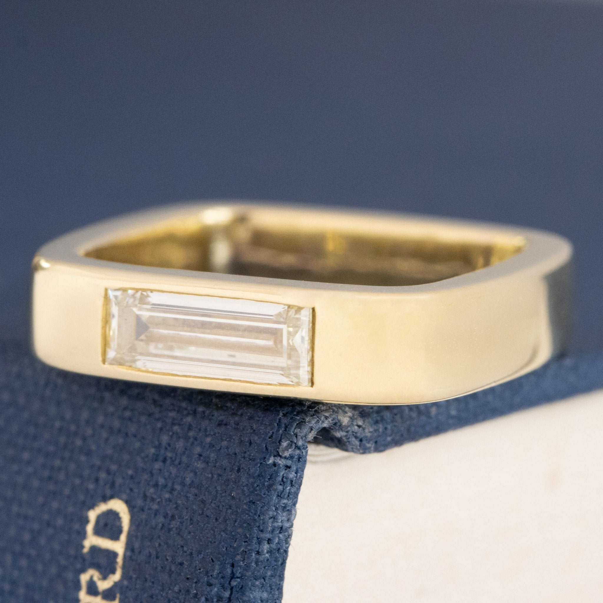 Antique lovers’ .67ct Baguette Cut Diamond Square Shank Band in yellow gold, featuring rare Earth-mined Baguette Cut Diamonds