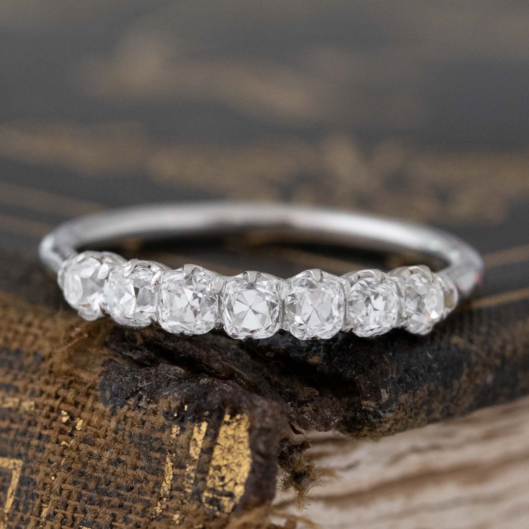 .68ctw Petite Old Mine Cut Diamond 7-Stone Band with Old Mine Cut Diamonds in platinum, antique-inspired one-of-a-kind wedding band