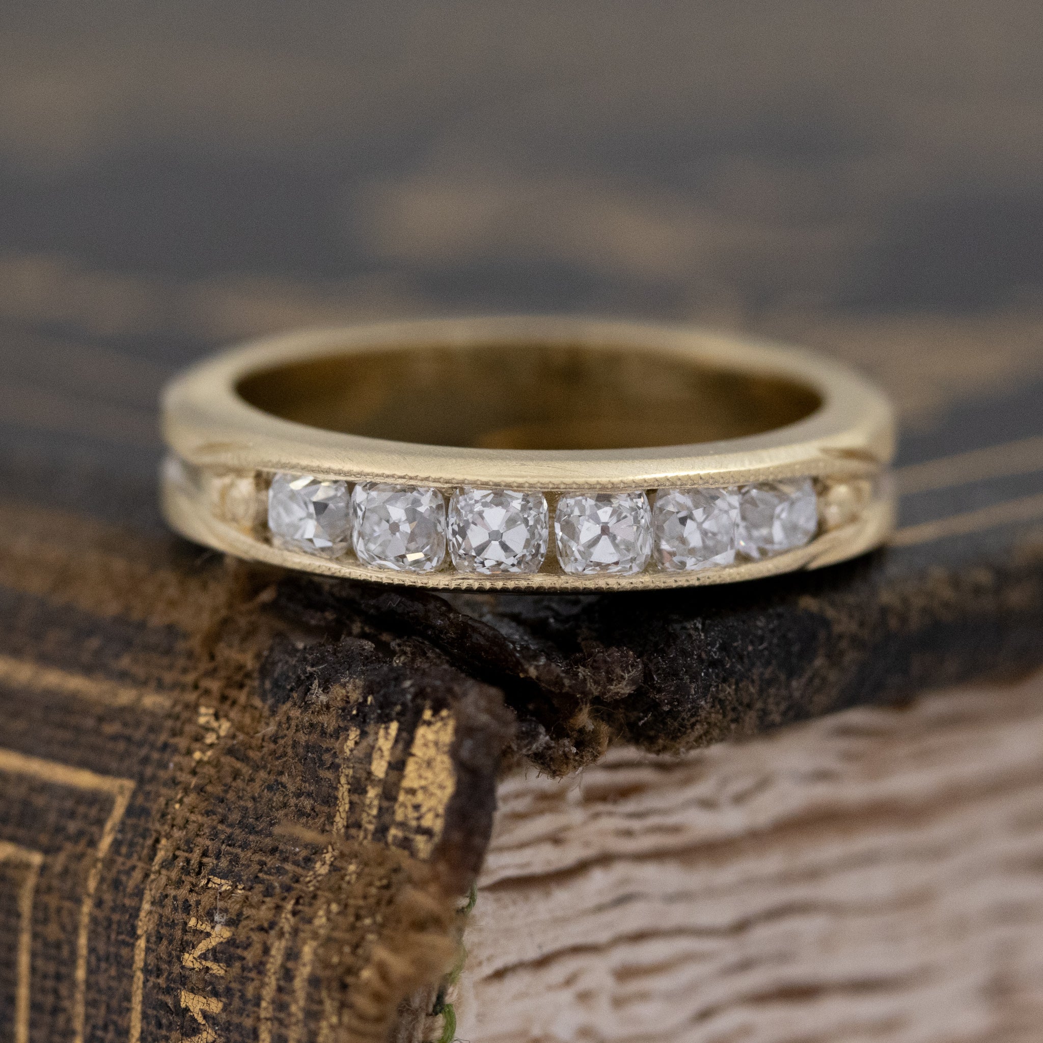 .69ctw Channel Set Old Mine Cut Diamond Band with Old Mine Cut Diamonds in yellow gold, antique-inspired one-of-a-kind wedding band