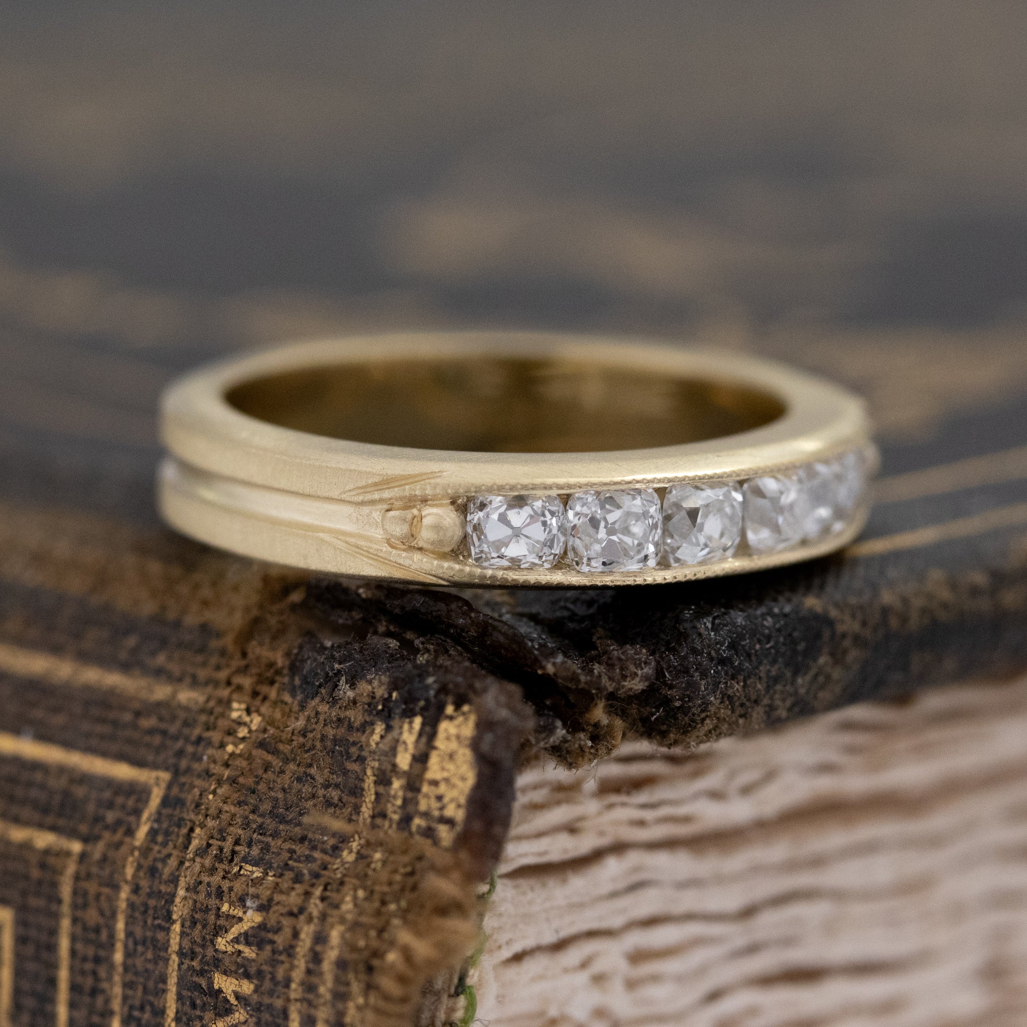 Historic style .69ctw Channel Set Old Mine Cut Diamond Band wedding band with Old Mine Cut Diamonds, unique heirloom in yellow gold