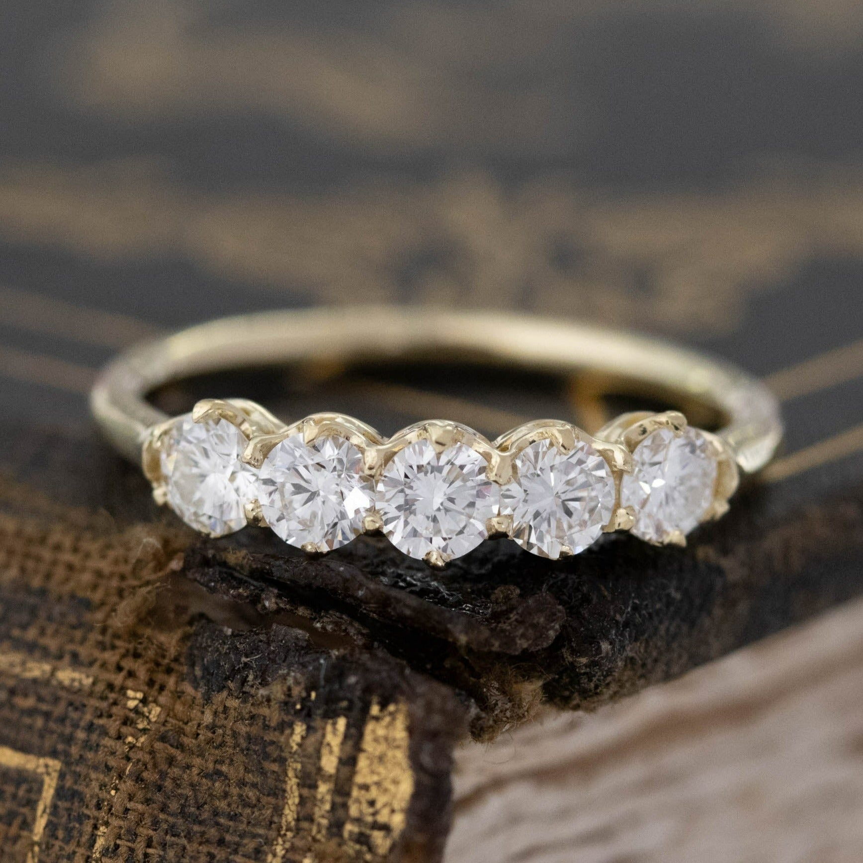 .69ctw Round Brilliant Cut Diamond 5-Stone Band with Antique Diamonds in yellow gold, antique-inspired one-of-a-kind wedding band