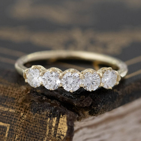 .69ctw Round Brilliant Cut Diamond 5-Stone Band with Antique Diamonds in yellow gold, antique-inspired one-of-a-kind wedding band