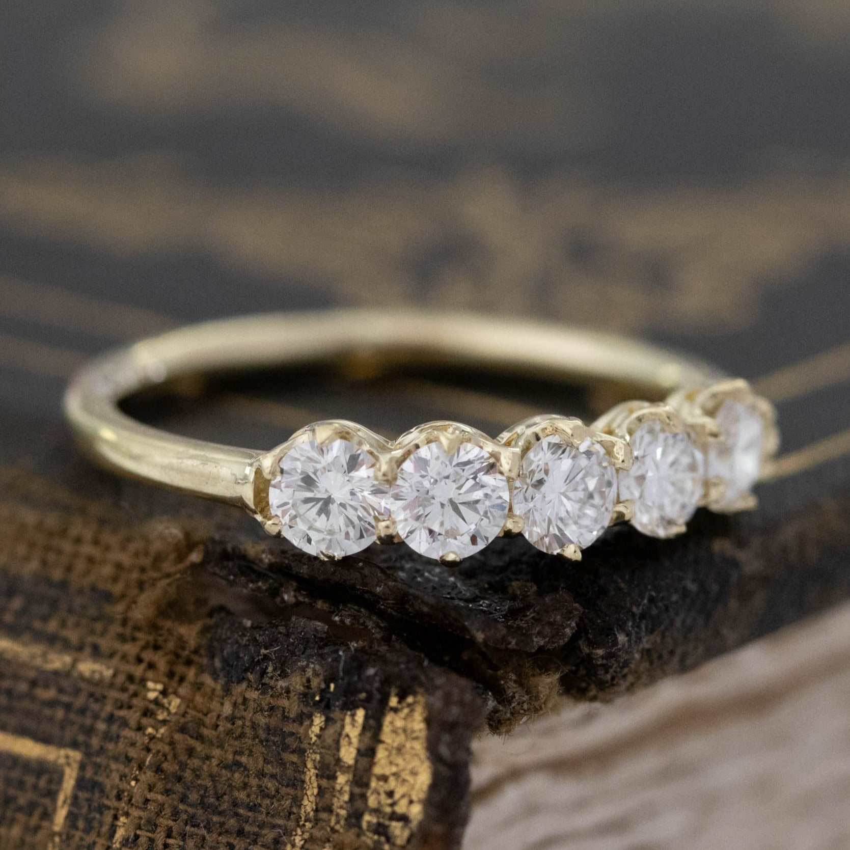 Historic style .69ctw Round Brilliant Cut Diamond 5-Stone Band wedding band with Antique Diamonds, unique heirloom in yellow gold