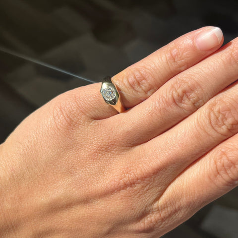 .70ct old mine cut diamond flush set signet pinky ring, 14K yellow gold – alternate view 2