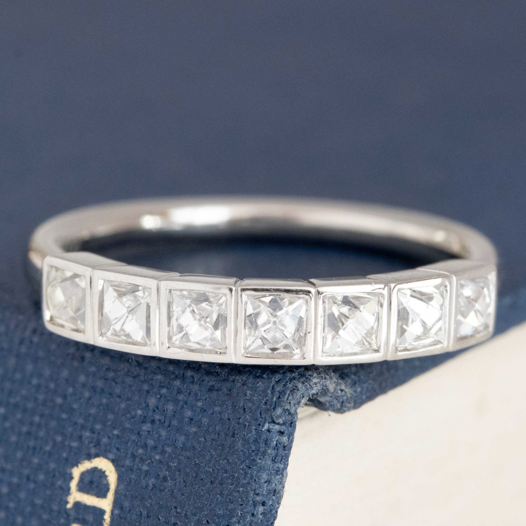 .70ctw French Cut Diamond Half-Hoop Bezel Band with French Cut Diamonds in platinum, antique-inspired one-of-a-kind wedding band