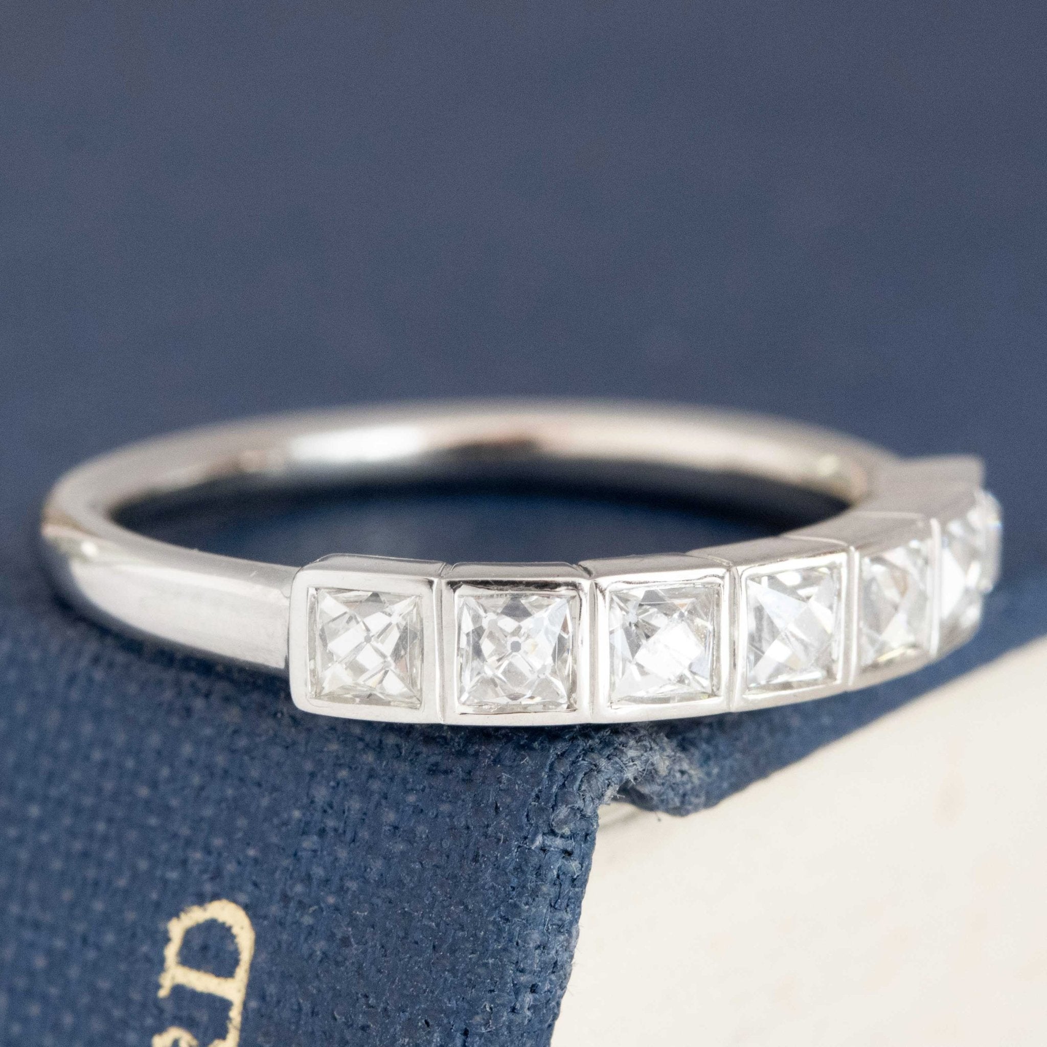Historic style .70ctw French Cut Diamond Half-Hoop Bezel Band wedding band with French Cut Diamonds, unique heirloom in platinum