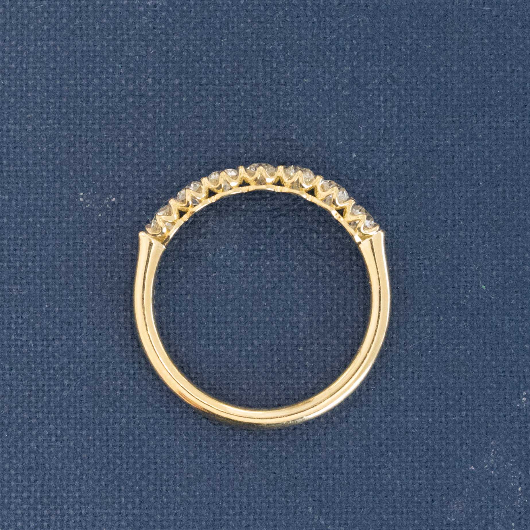 Side view of .70ctw Old European Cut Diamond Half-Hoop Band, natural Earth-mined Old European Cut Diamonds in yellow gold
