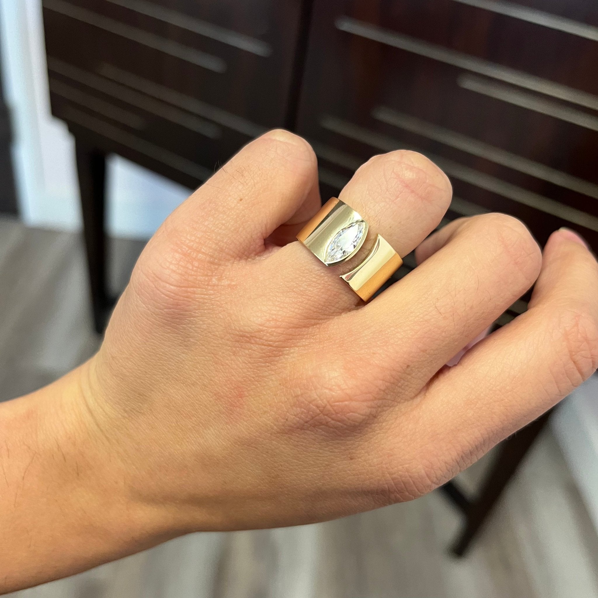 Elegant .71ct Marquise Cut Diamond Open Cigar Band, GIA I VS2, romantic design with Antique Diamonds, Earth-mined diamonds in yellow gold shown on ring finger