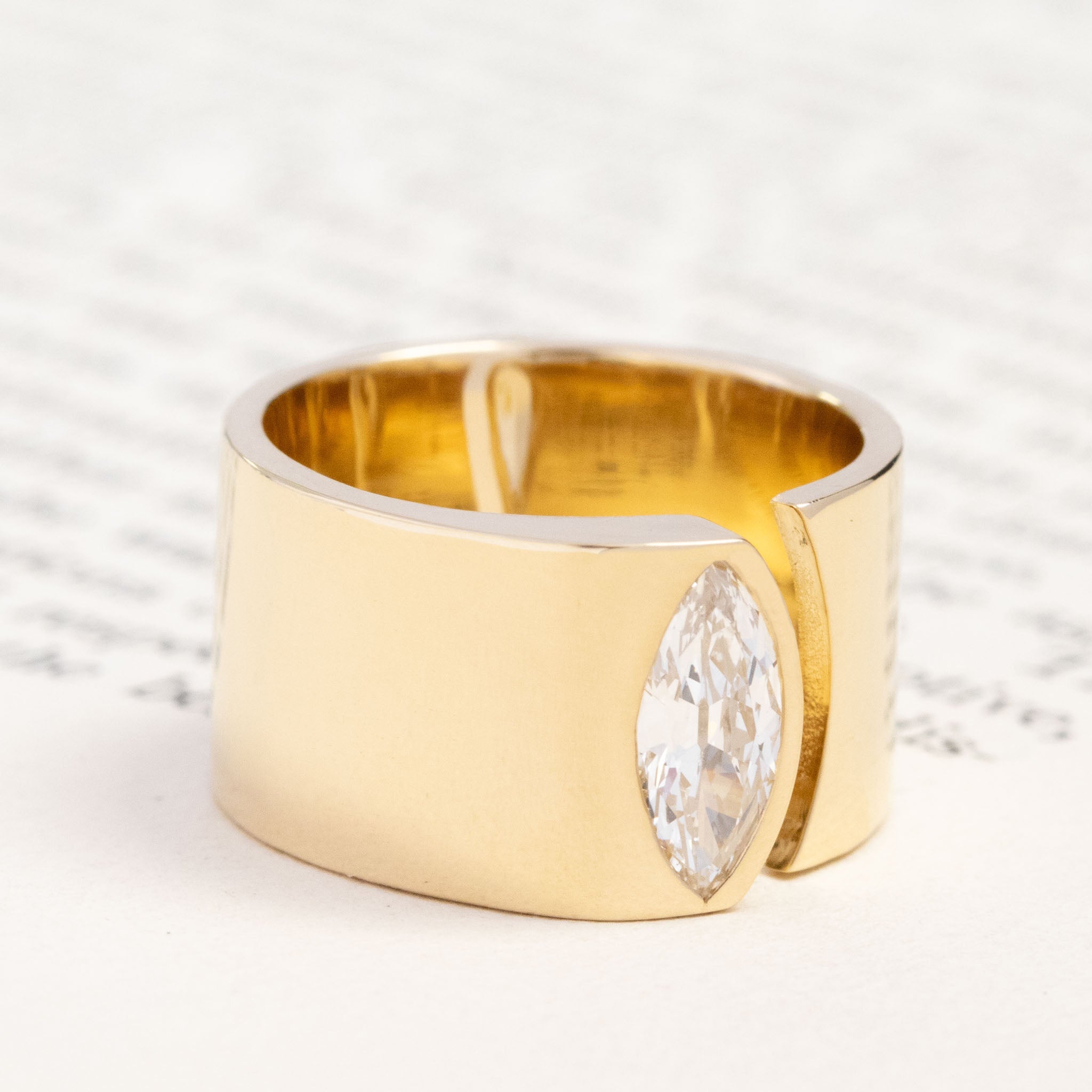 Historic style .71ct Marquise Cut Diamond Open Cigar Band, GIA I VS2 wedding band with Antique Diamonds, unique heirloom in yellow gold