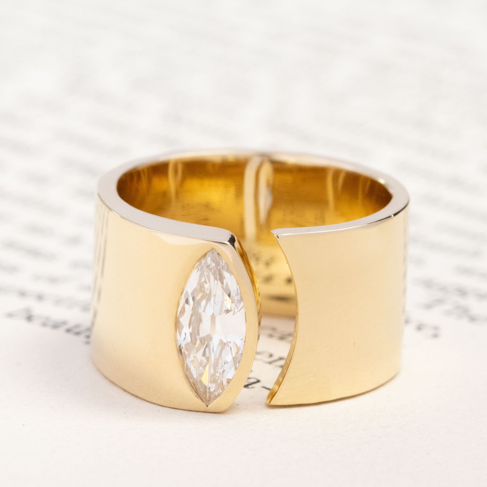 .71ct Marquise Cut Diamond Open Cigar Band, GIA I VS2 with Antique Diamonds in yellow gold, antique-inspired one-of-a-kind wedding band