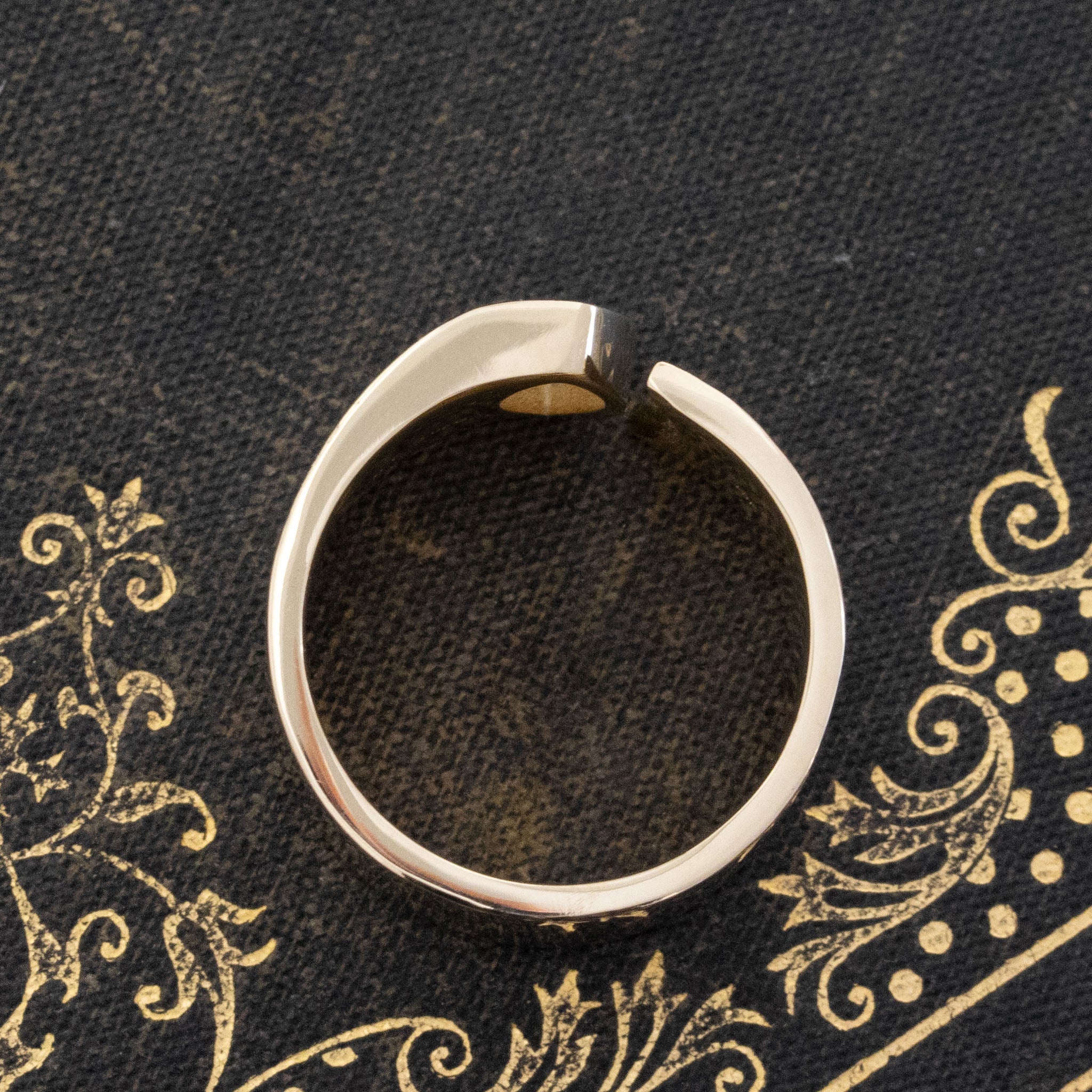 Side view of .71ct Marquise Cut Diamond Open Cigar Band, GIA I VS2, natural Earth-mined Antique Diamonds in yellow gold