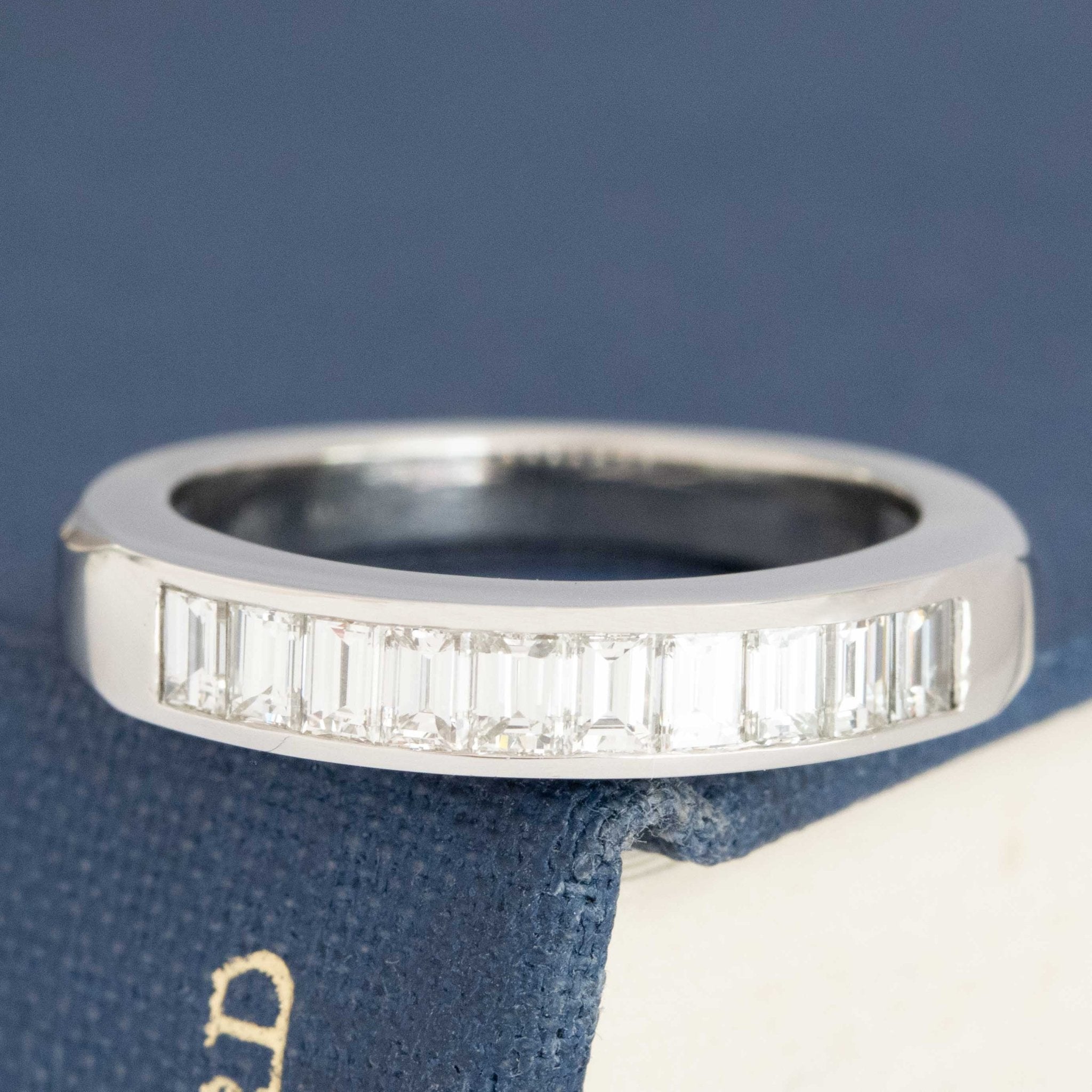 .71ctw Baguette Cut Diamond Channel Set Band with Baguette Cut Diamonds in platinum, antique-inspired one-of-a-kind wedding band