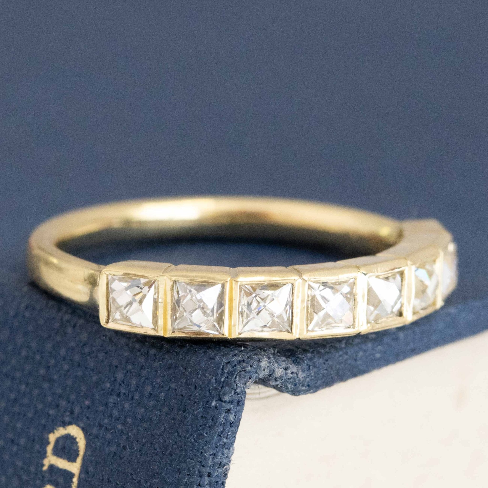 Historic style .71ctw French Cut Diamond Bezel Band wedding band with French Cut Diamonds, unique heirloom in yellow gold
