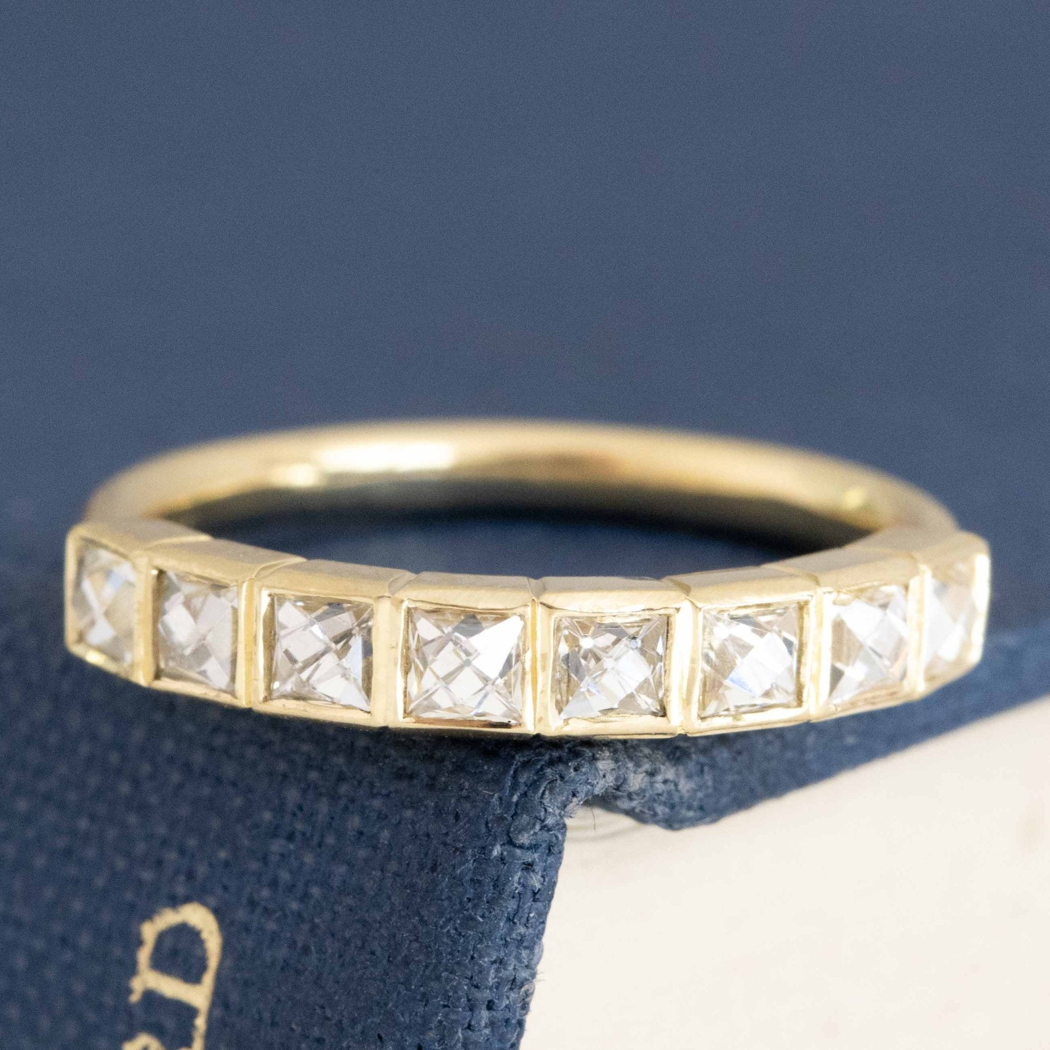.71ctw French Cut Diamond Bezel Band with French Cut Diamonds in yellow gold, antique-inspired one-of-a-kind wedding band