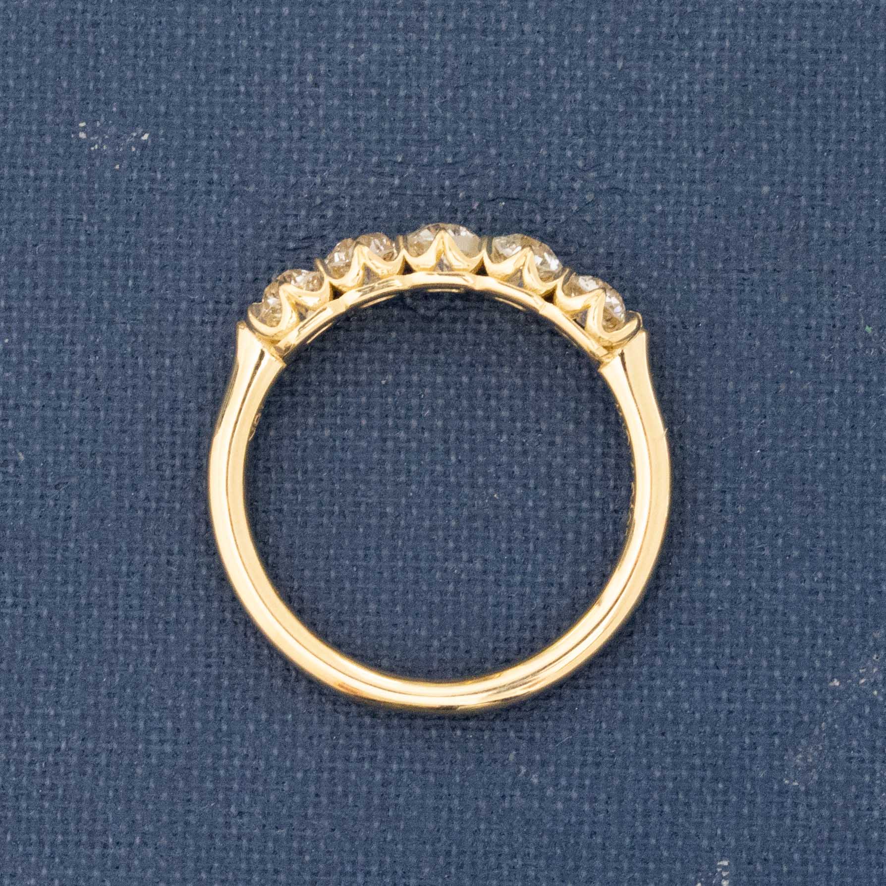 Side view of .71ctw Petite Old European Cut Diamond 5-Stone Band, natural Earth-mined Old European Cut Diamonds in yellow gold