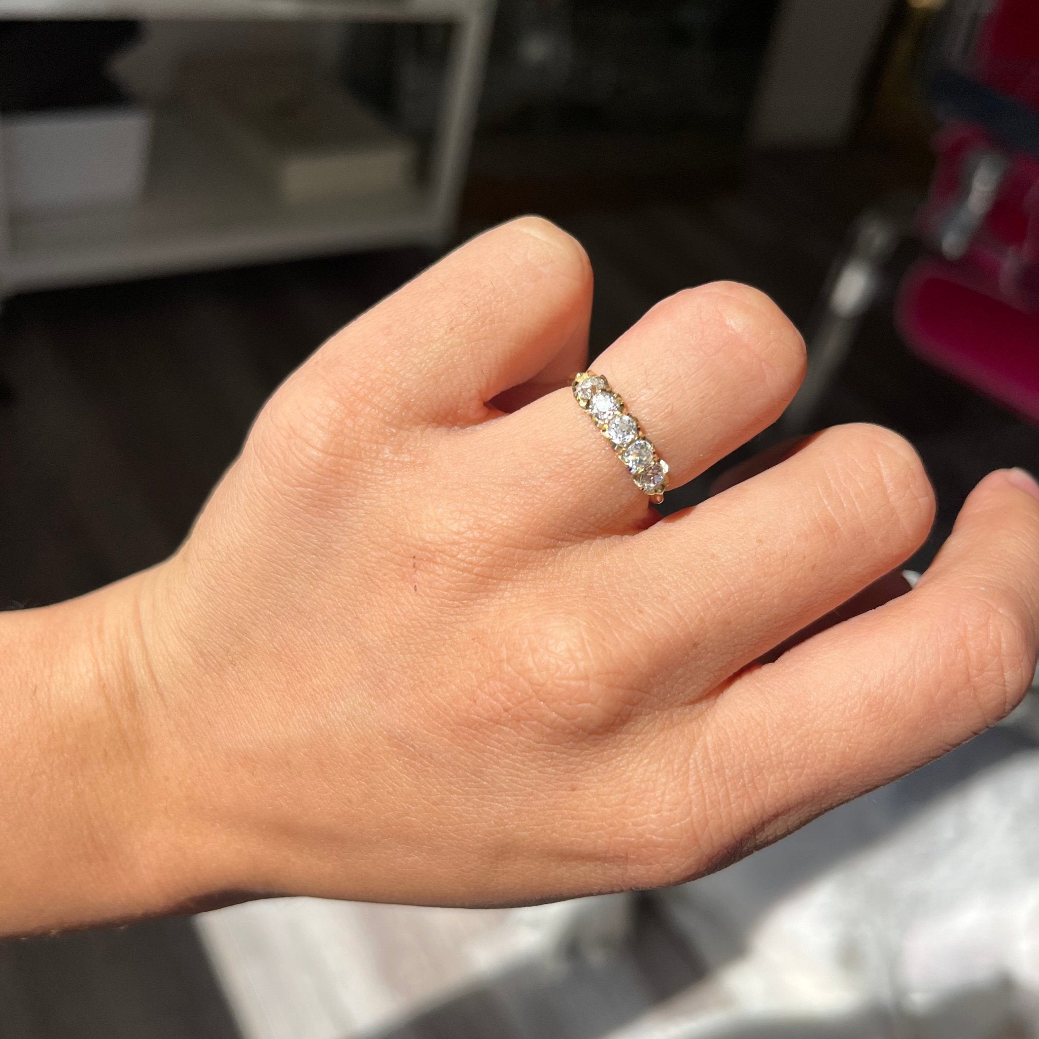 Elegant .71ctw Petite Old European Cut Diamond 5-Stone Band, romantic design with Old European Cut Diamonds, Earth-mined diamonds in yellow gold shown on ring figner