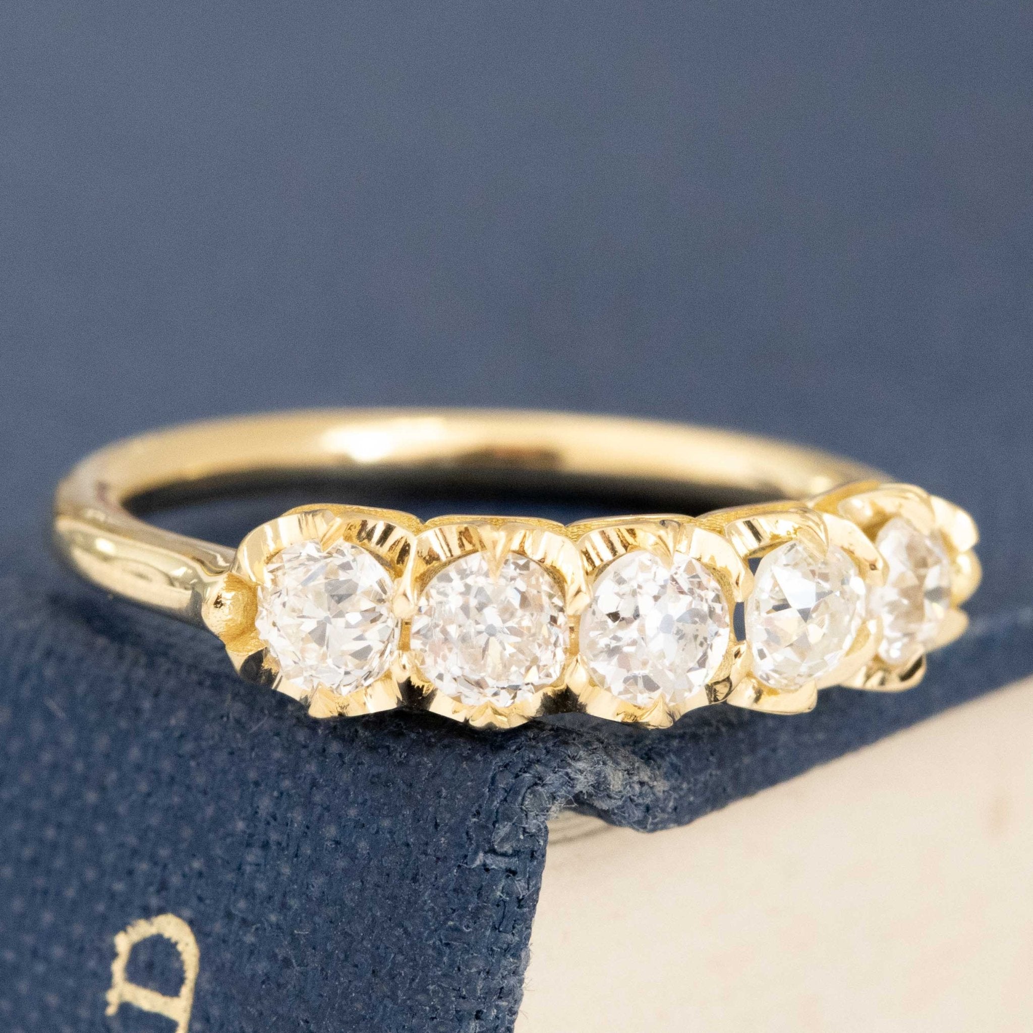 Historic style .71ctw Petite Old European Cut Diamond 5-Stone Band wedding band with Old European Cut Diamonds, unique heirloom in yellow gold