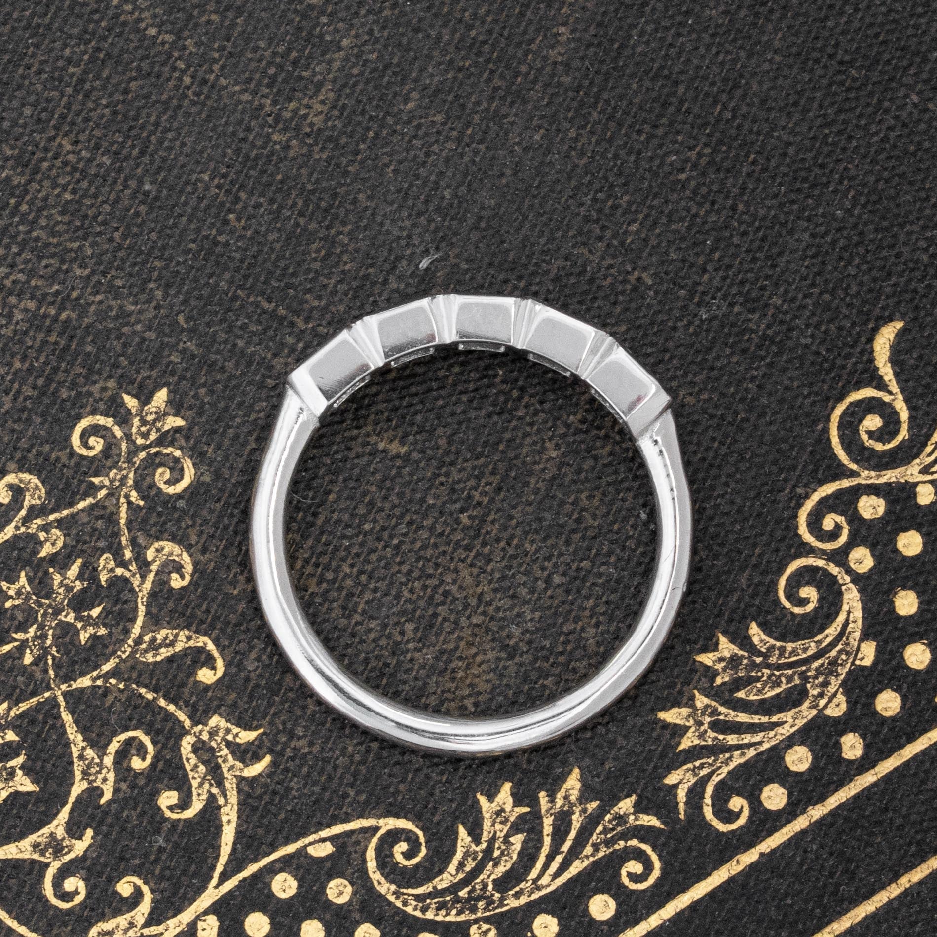 Side view of .73ctw Asscher Cut Diamond Bezel 5-Stone Band, vintage-inspired band with Antique Diamonds, crafted in platinum