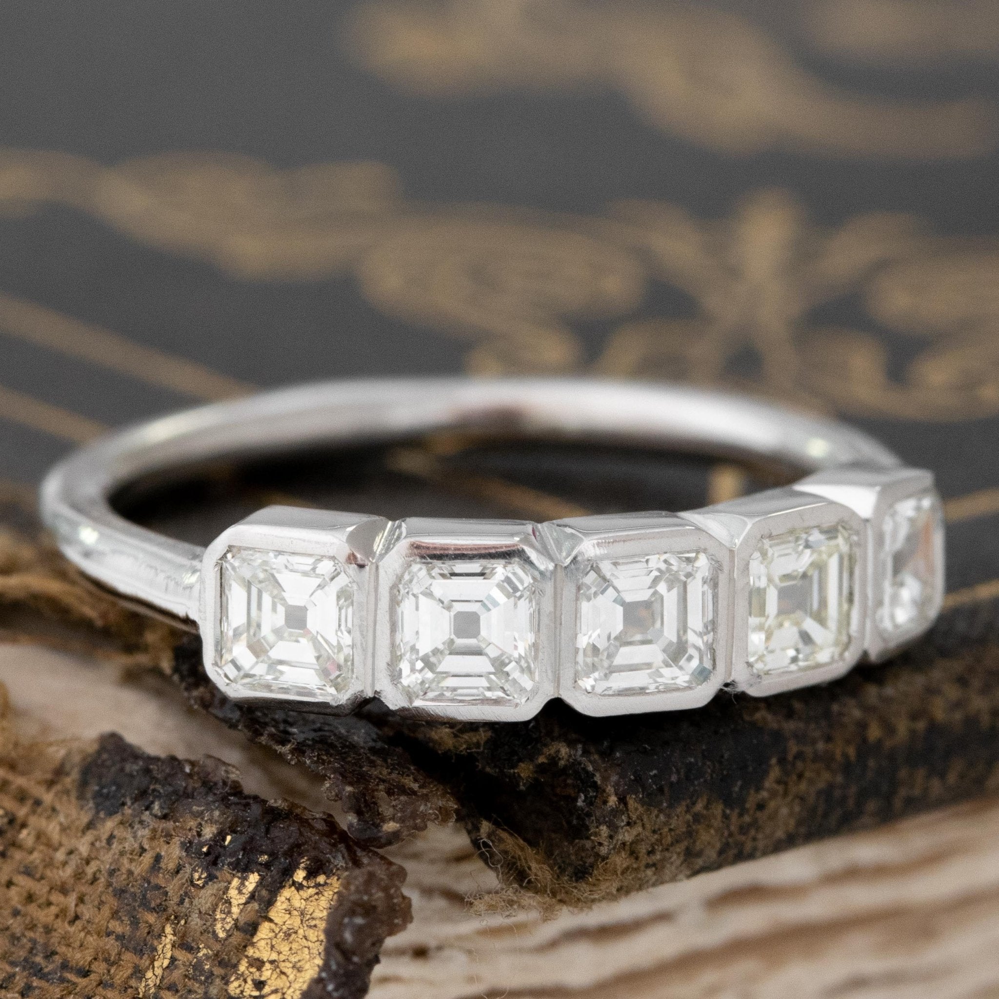 Historic style .73ctw Asscher Cut Diamond Bezel 5-Stone Band wedding band with Antique Diamonds, unique heirloom in platinum