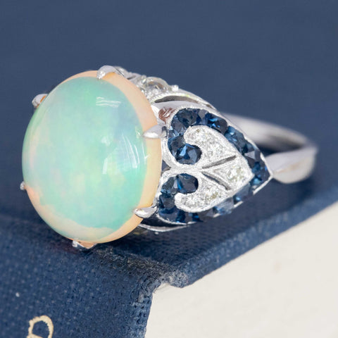 7.53ctw Edwardian Revival Diamond, Opal & Sapphire Cluster Ring
