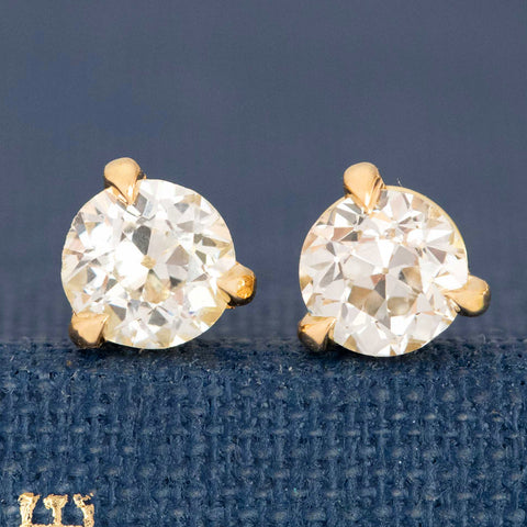 Old European cut diamond stud earrings in 18kt yellow gold, .75ctw total
