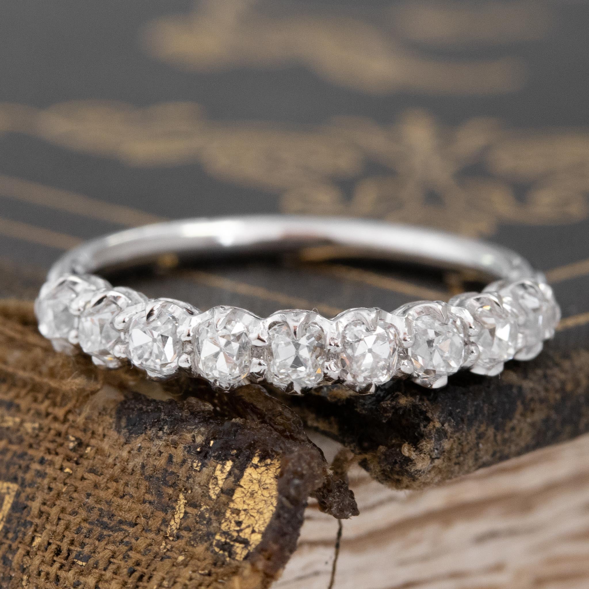 .77ctw Petite Old Mine Cut Diamond Half-Hoop Band with Old Mine Cut Diamonds in platinum, antique-inspired one-of-a-kind wedding band