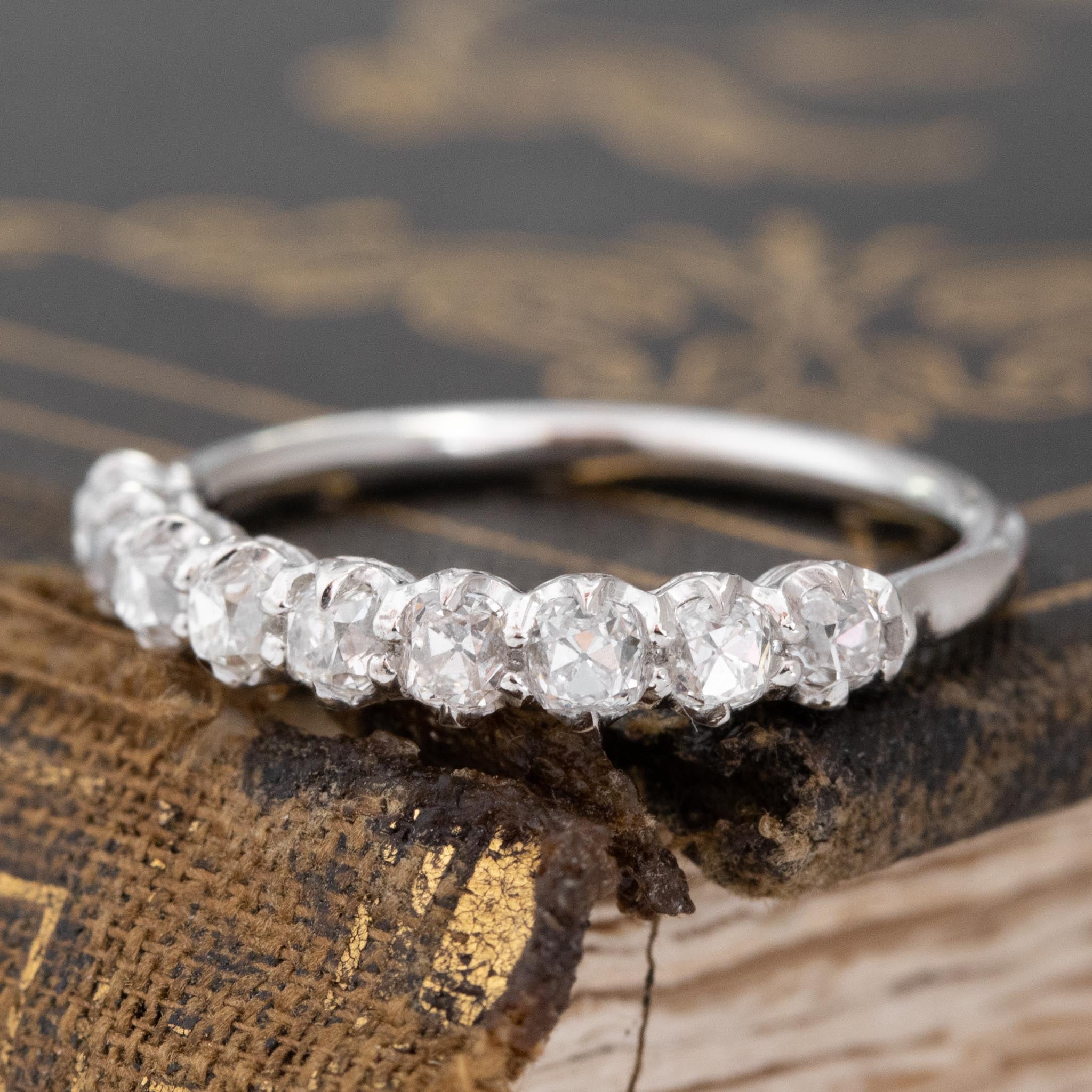 Antique lovers’ .77ctw Petite Old Mine Cut Diamond Half-Hoop Band in platinum, featuring rare Earth-mined Old Mine Cut Diamonds
