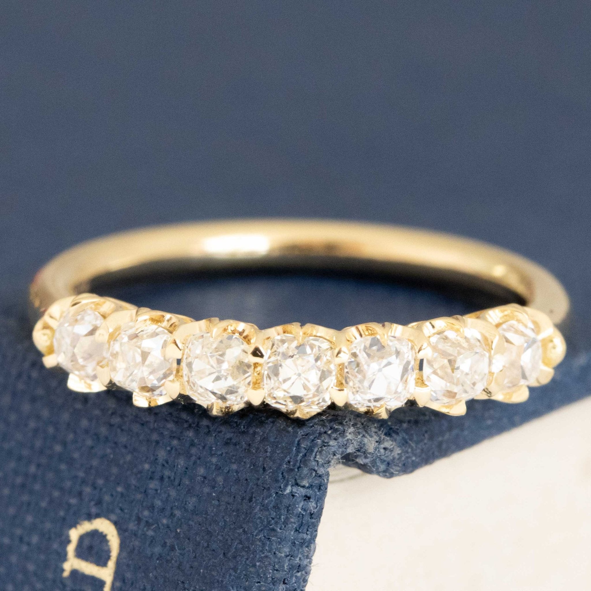 .77ctw Petite Old Mine Cut Diamond Half-Hoop Band with Old Mine Cut Diamonds in yellow gold, antique-inspired one-of-a-kind wedding band
