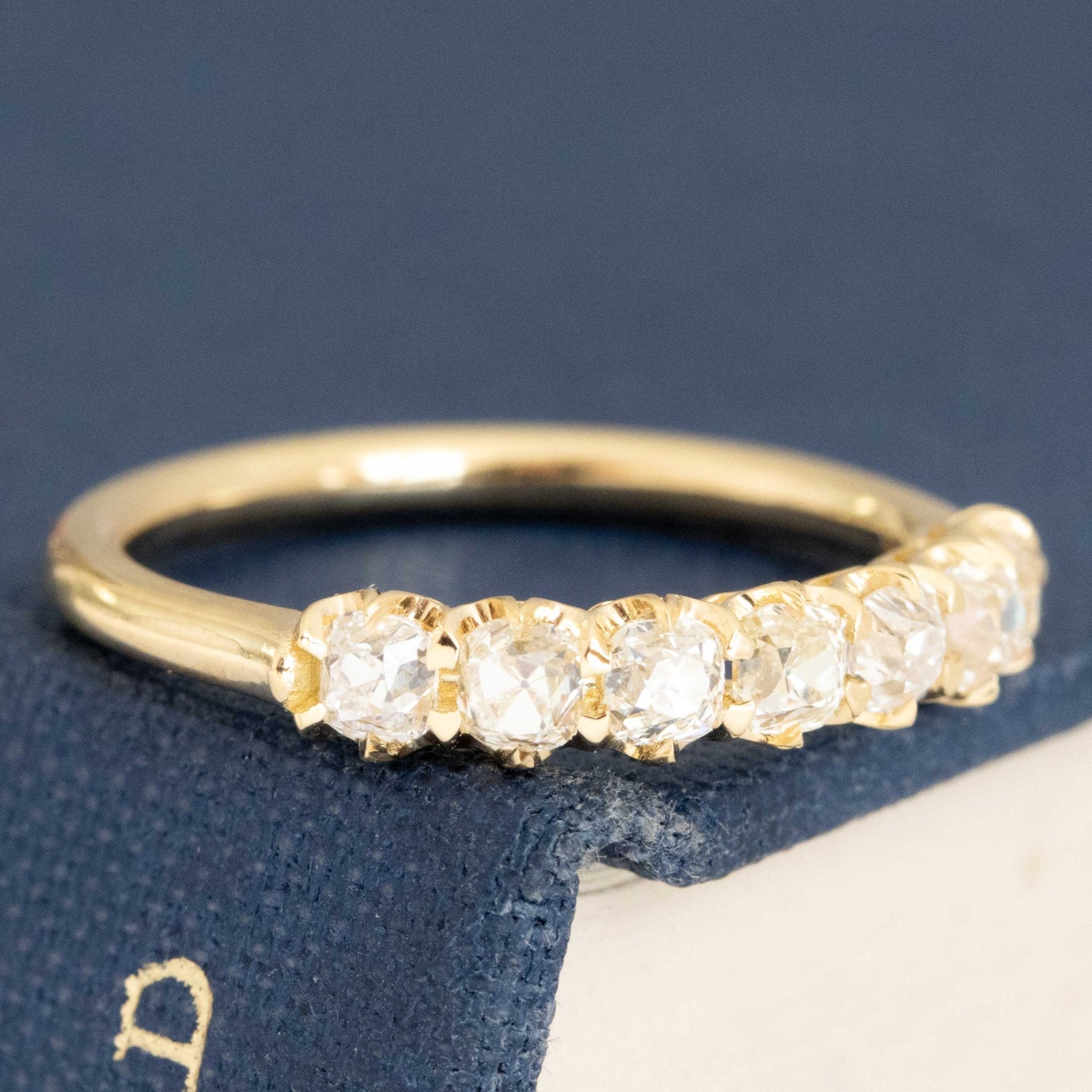 Historic style .77ctw Petite Old Mine Cut Diamond Half-Hoop Band wedding band with Old Mine Cut Diamonds, unique heirloom in yellow gold