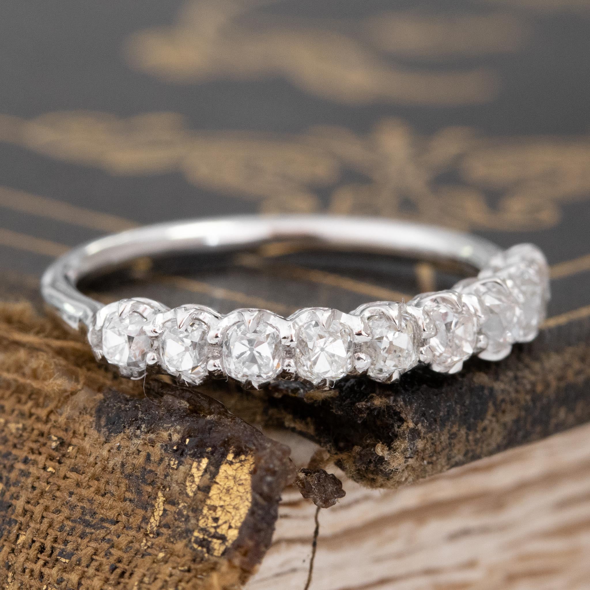 Historic style .77ctw Petite Old Mine Cut Diamond Half-Hoop Band wedding band with Old Mine Cut Diamonds, unique heirloom in platinum