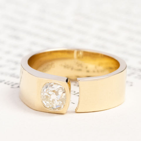 .79ct Old Mine Cut Diamond Open Cigar Band with Old Mine Cut Diamonds in yellow gold, antique-inspired one-of-a-kind wedding band