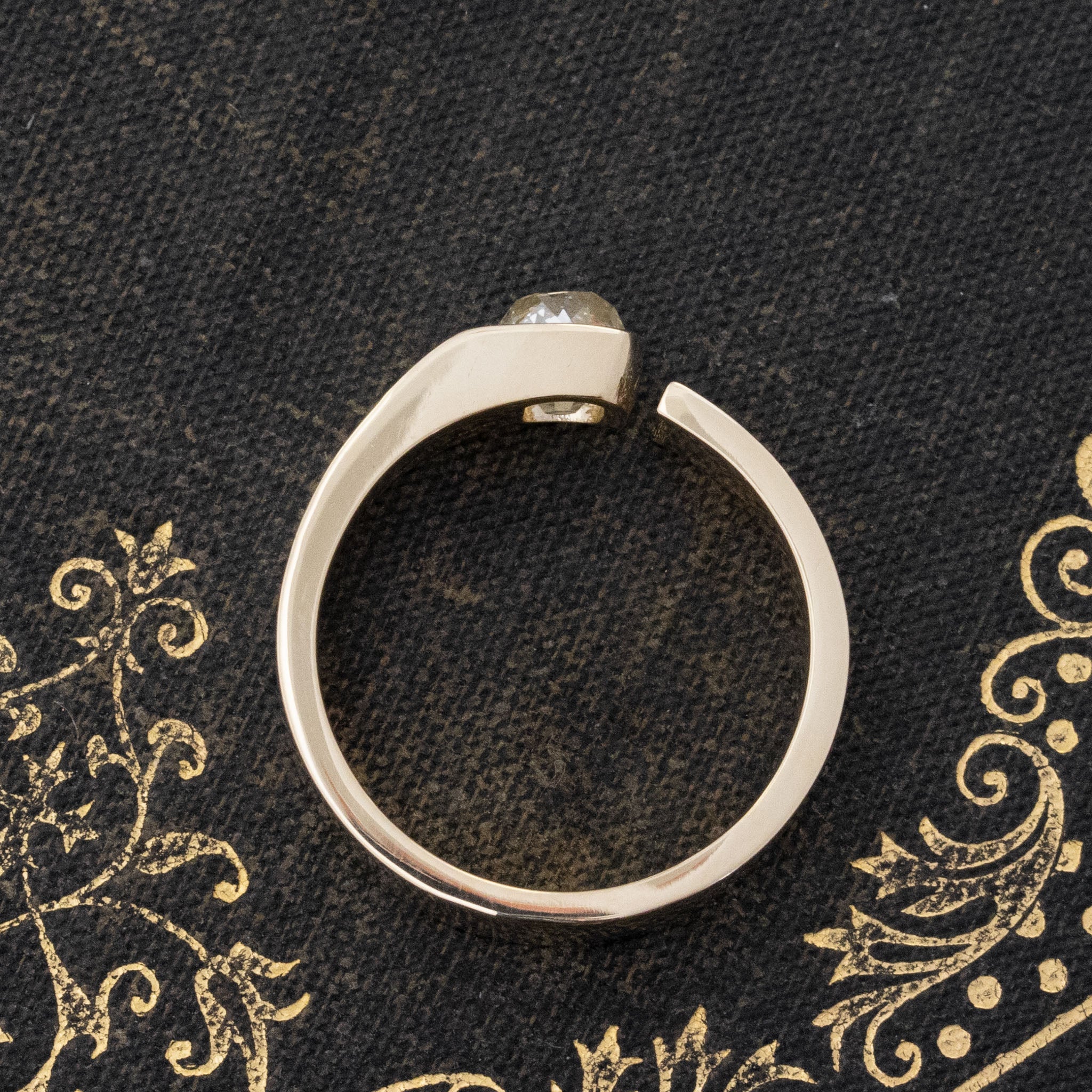 Side view of .79ct Old Mine Cut Diamond Open Cigar Band, vintage-inspired band with Old Mine Cut Diamonds, crafted in yellow gold
