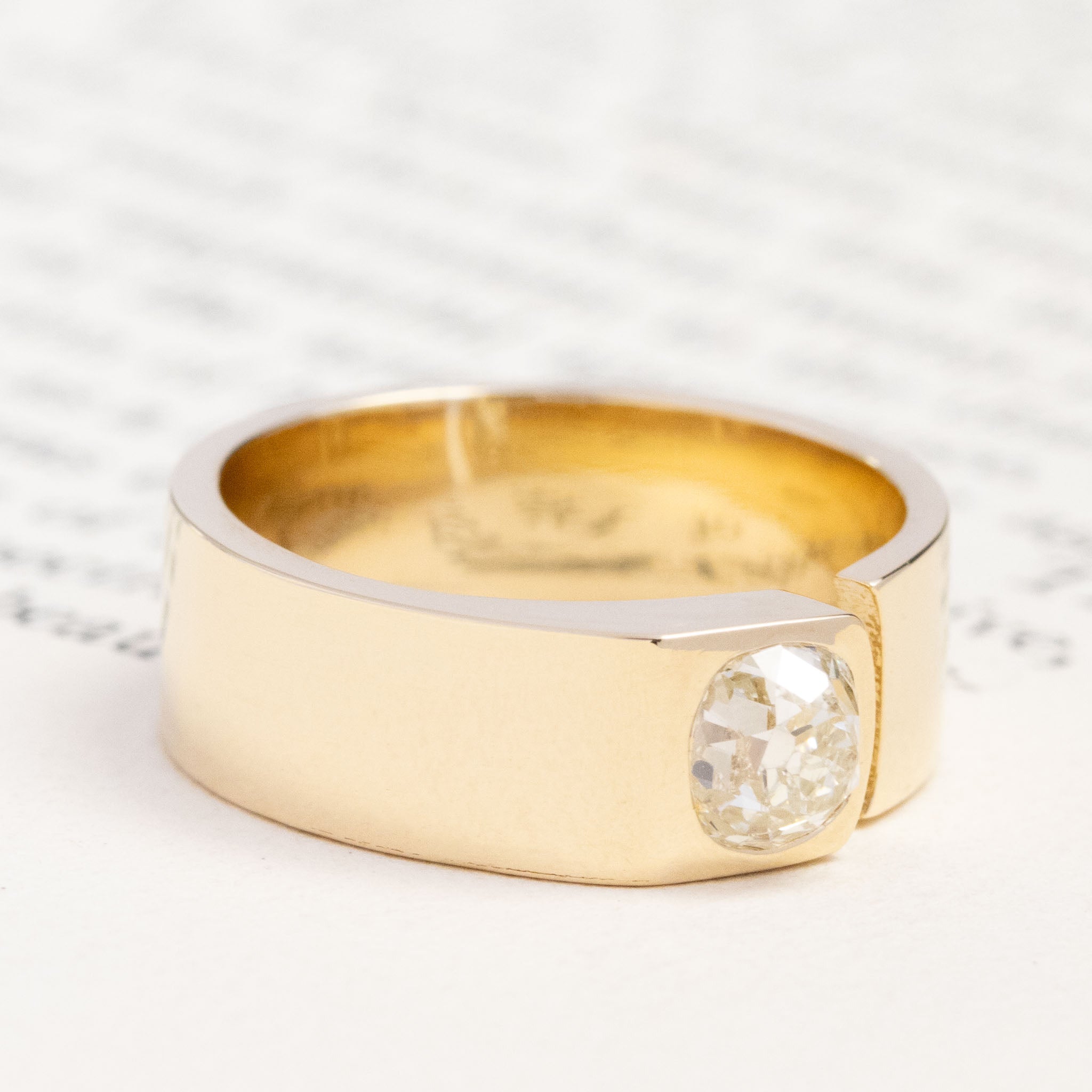 Historic style .79ct Old Mine Cut Diamond Open Cigar Band wedding band with Old Mine Cut Diamonds, unique heirloom in yellow gold